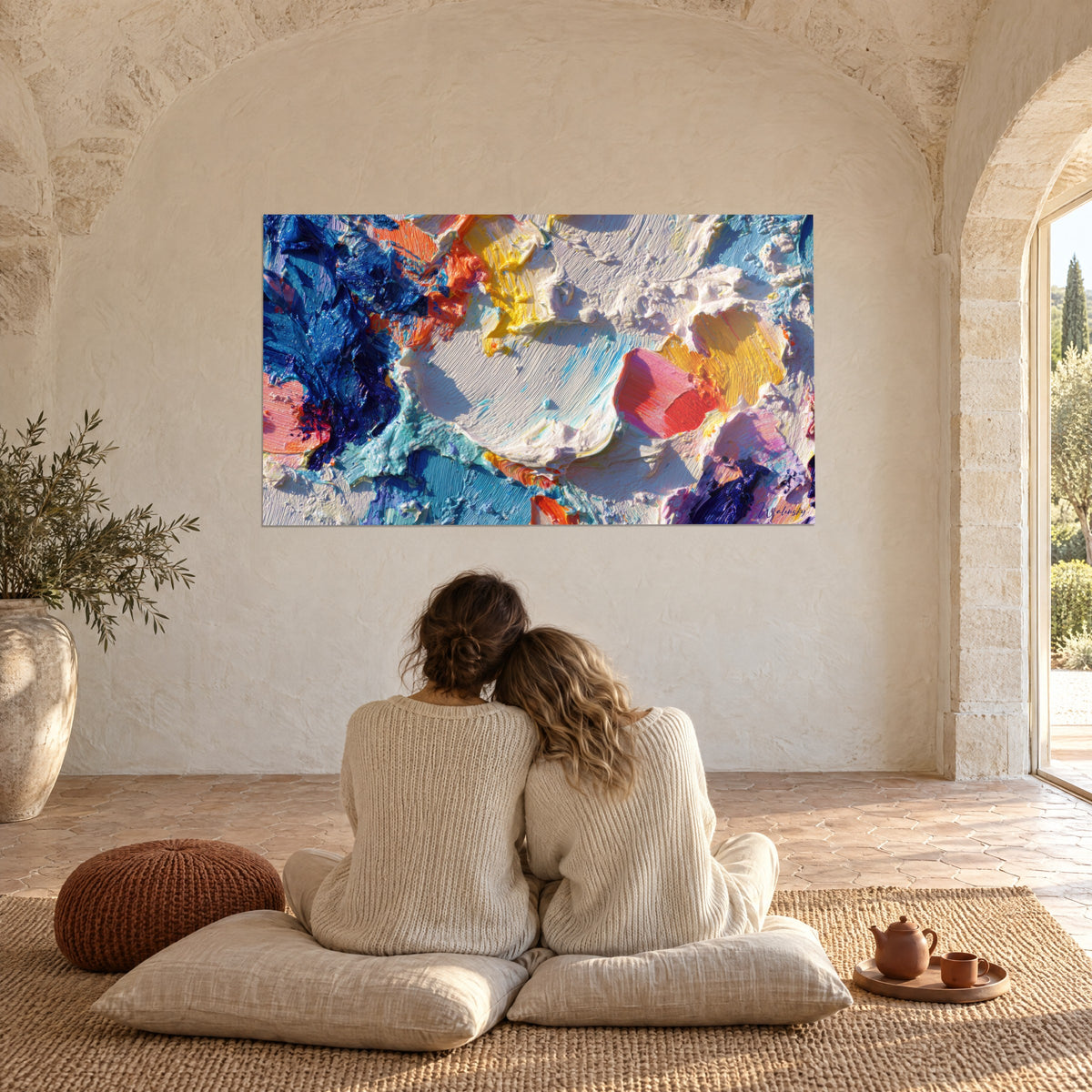 Cuadro con masas de pintura espesa azul profundo y marfil, toques rojos, pared abovedada, pareja de espaldas sobre cojines