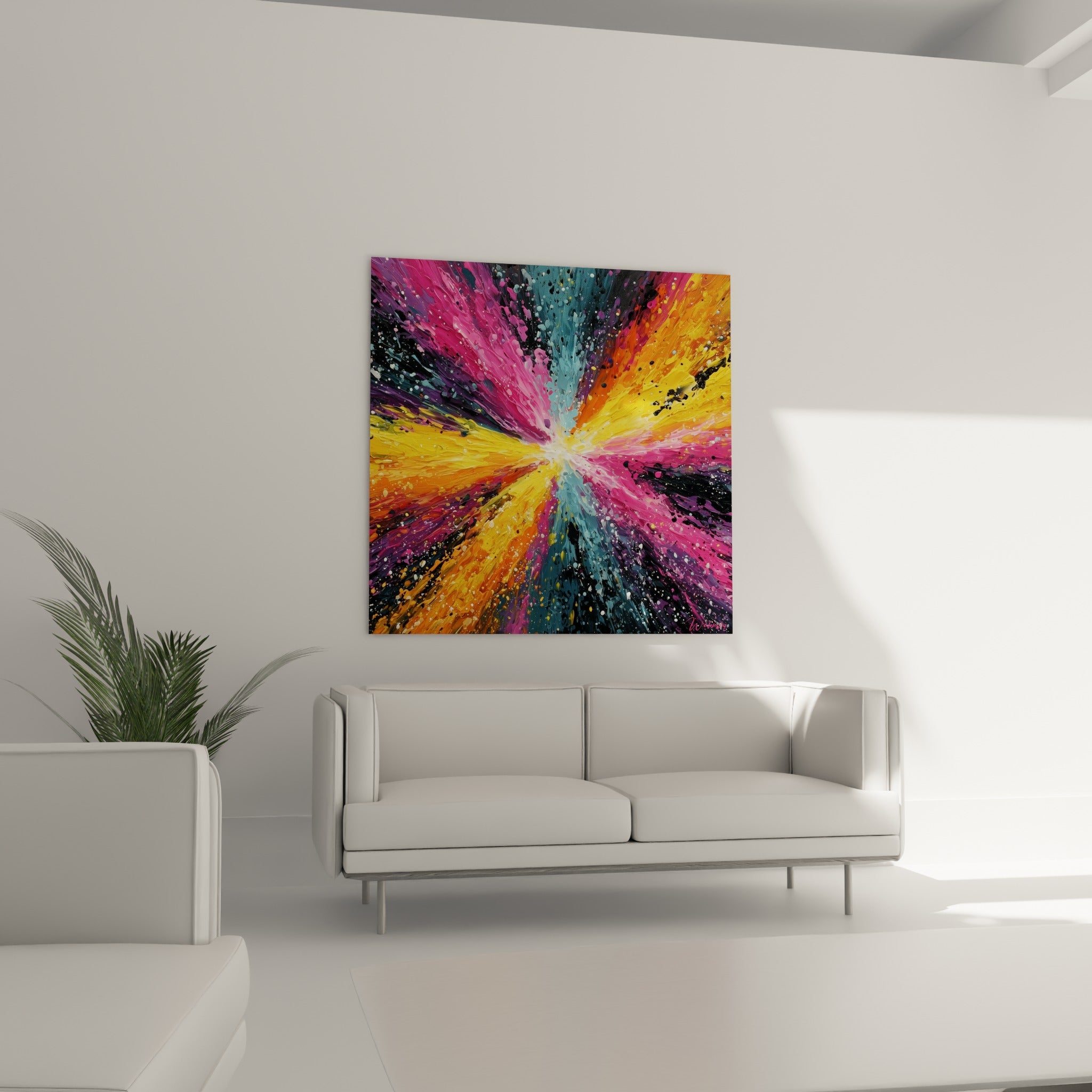 Jaillissement chromatique bleu pétrole et fuchsia de style Peinture abstrait, au-dessus d'un canapé dans un salon lumineux