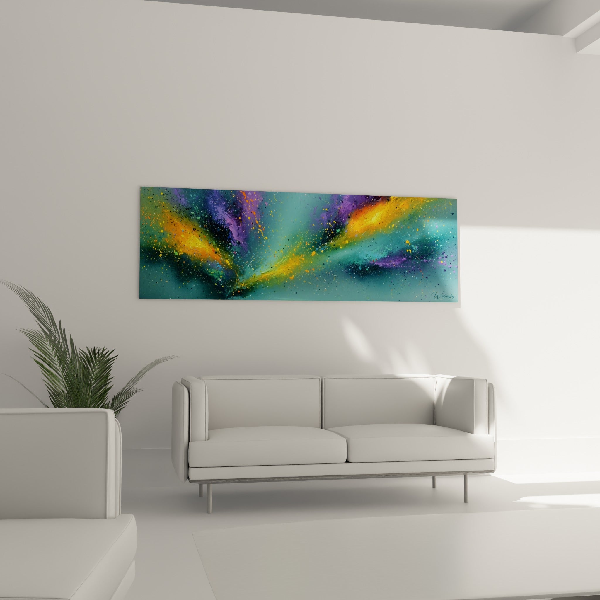 Jaillissement lumineux orangé et violet, style Peinture abstrait au-dessus d'un canapé dans un salon lumineux