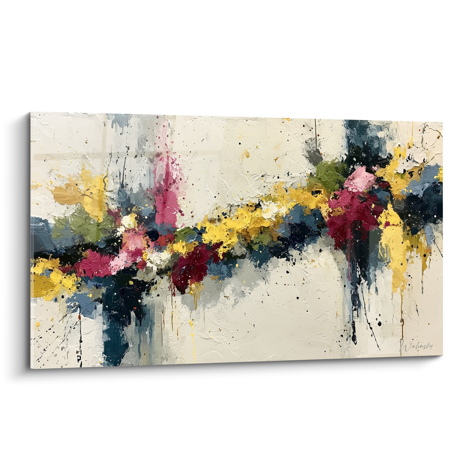 Bandeau floral jaune safran et bordeaux d'un tableau style peinture abstrait sur fond ivoire texturé