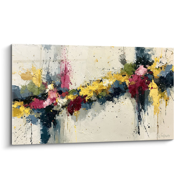 Tableau Bandeau floral jaune et bordeaux éclaté - Envolée fleurie - Edition style Peinture abstrait