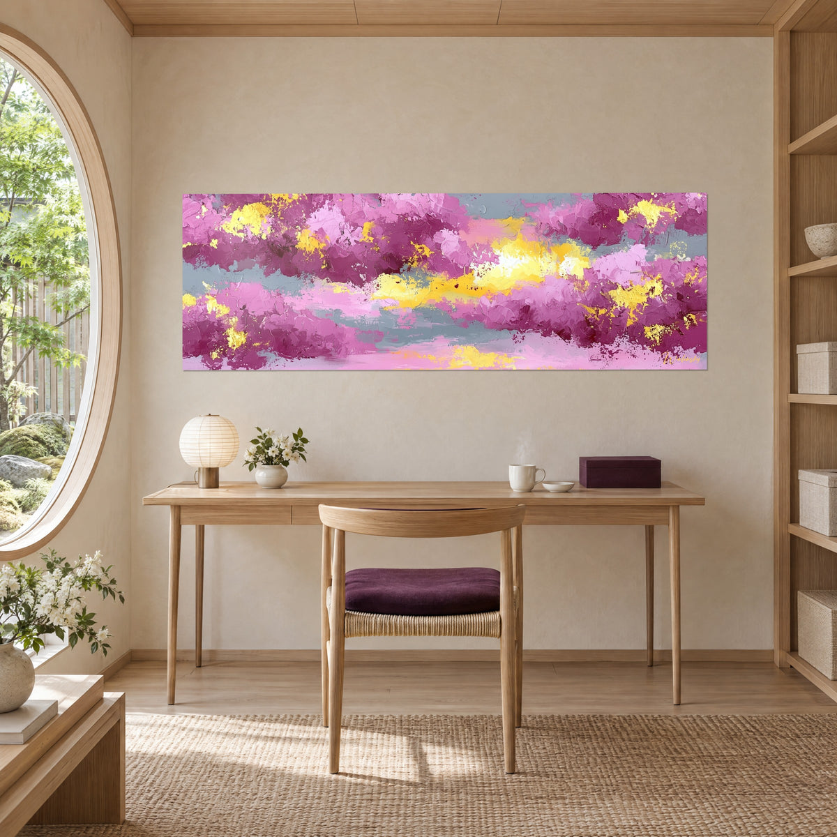 Obraz z panoramiczną kompozycją w różu, szarym błękitem i intensywnym żółtym, ziarniste impasto, zawieszony nad jasnym drewnianym biurkiem
