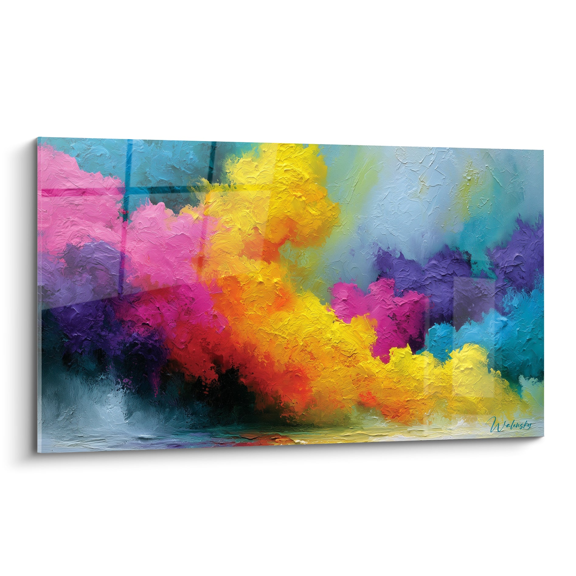 Explosion abstraite jaune, rose fuchsia et bleu turquoise en empâtements sur toile texturée