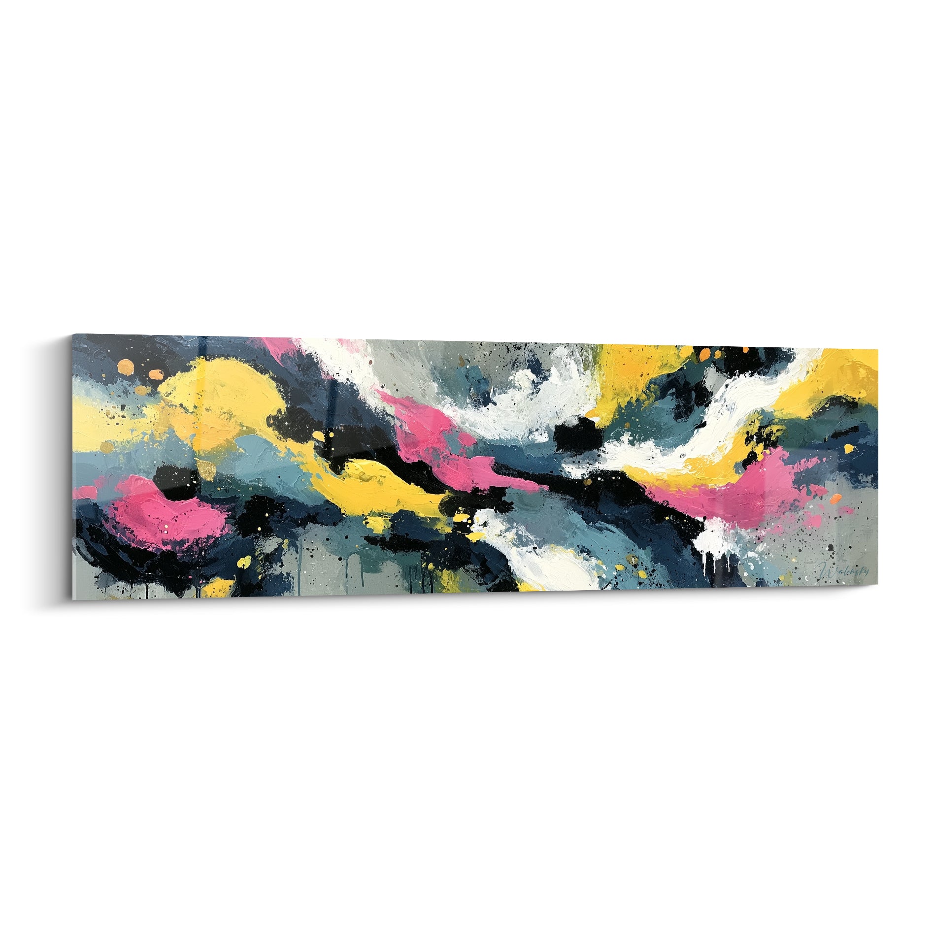 Éclaboussures jaune moutarde et rose fuchsia sur fond anthracite, style Peinture abstrait gestuel