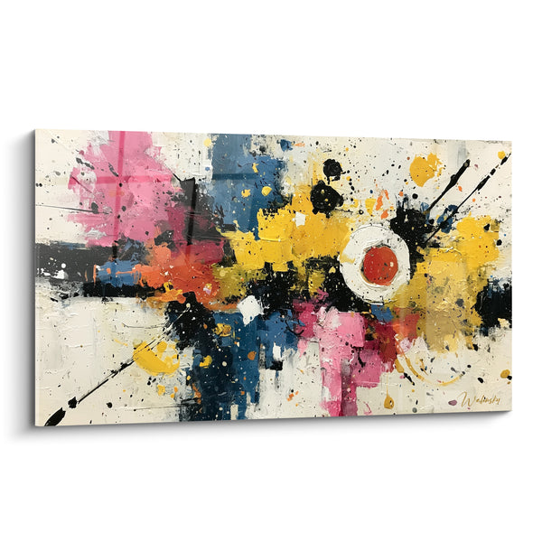 Tableau Anneau blanc jaune et rose éclaboussé - Cible orange centrale - Edition style Peinture abstrait
