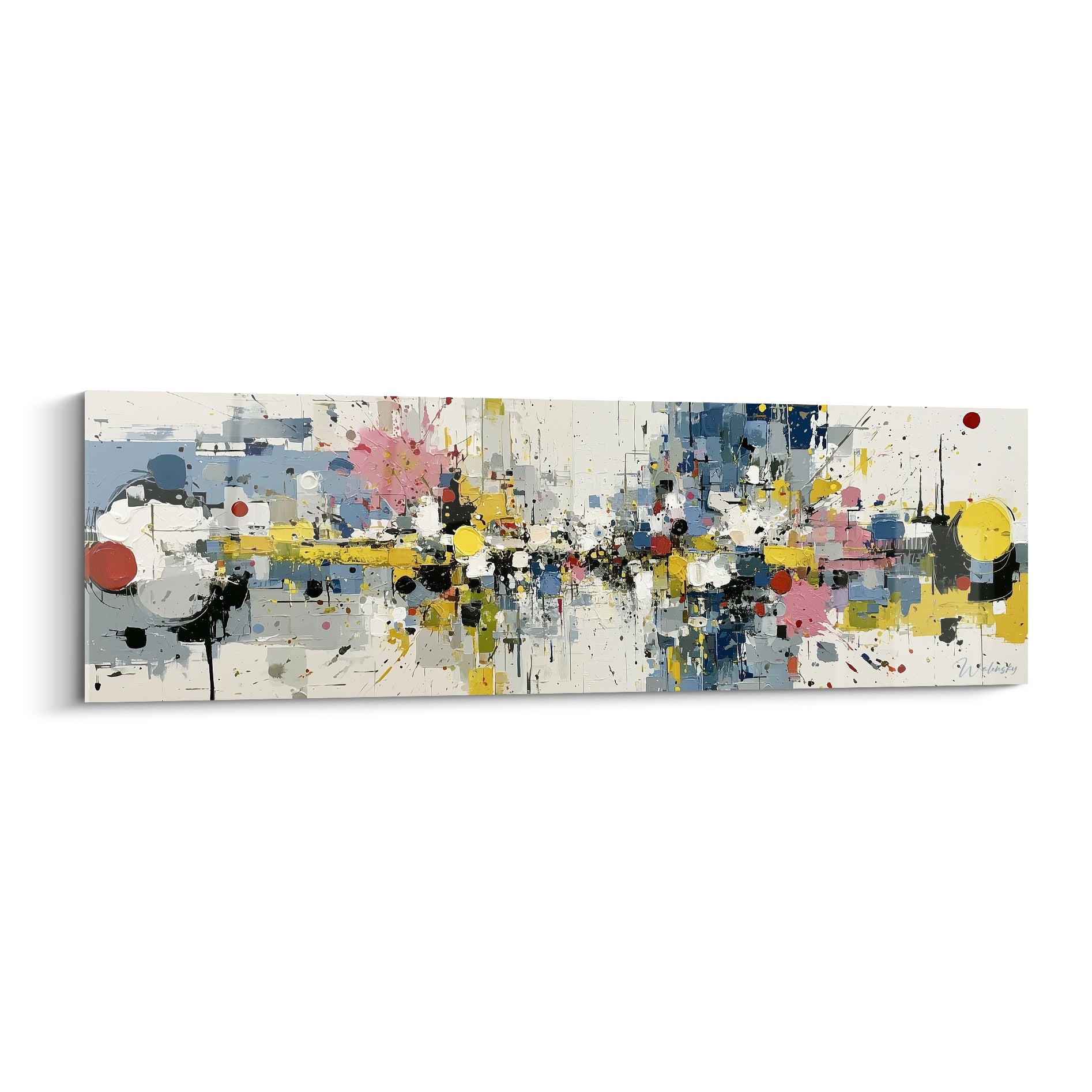 Éclaboussures jaunes, roses et bleu marine sur fond ivoire, style Peinture abstrait gestuelle et vive