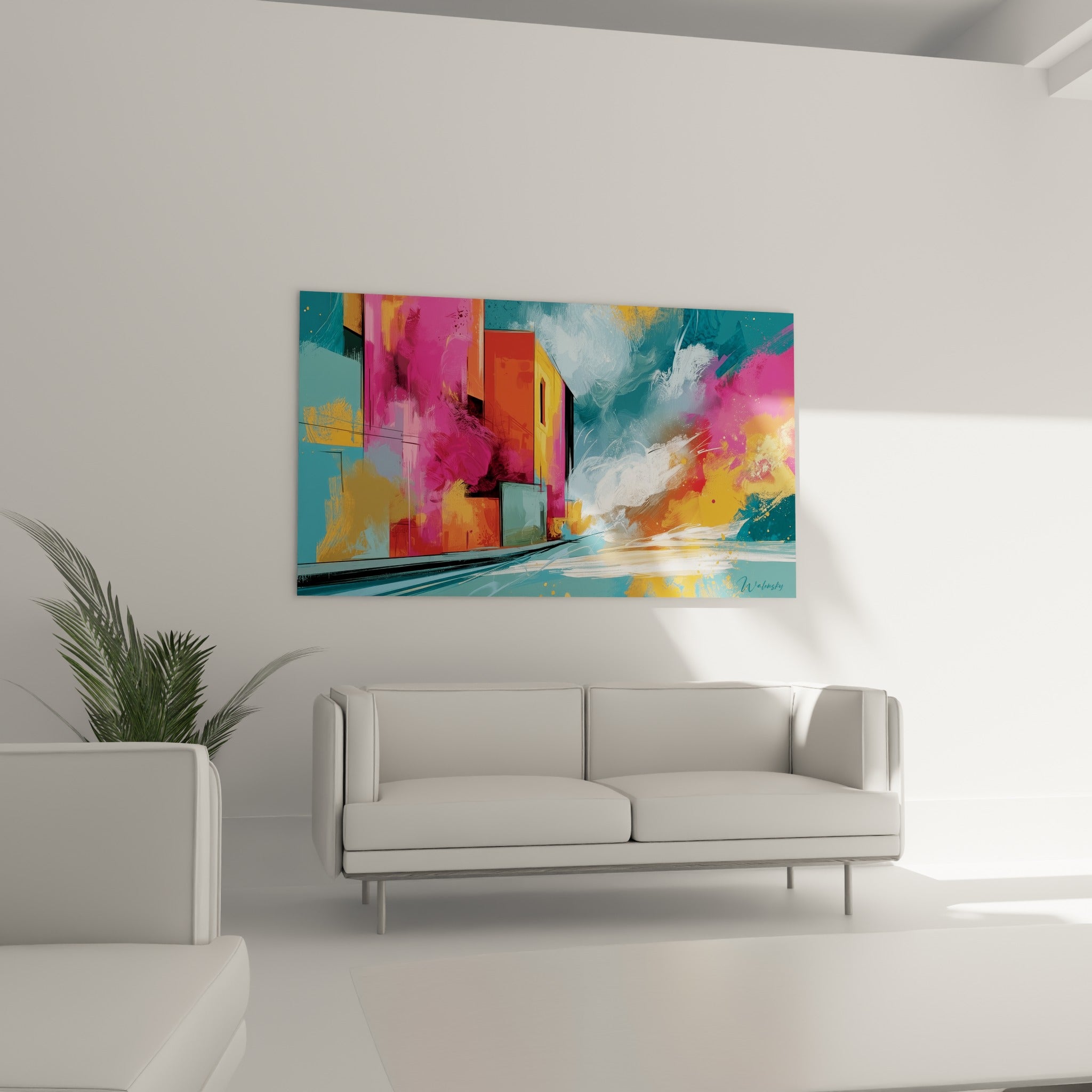 Façades urbaines bleu canard et jaune safran en style Peinture abstrait, au-dessus d'un canapé dans un salon lumineux