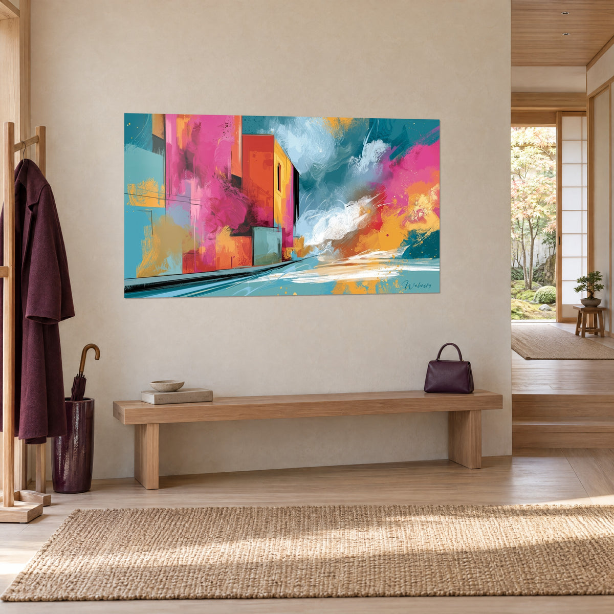 Tableau rue citadine en coups de pinceau rose vif et jaune moutarde, nuage blanc tourbillonnant, vue de trois-quarts japandi