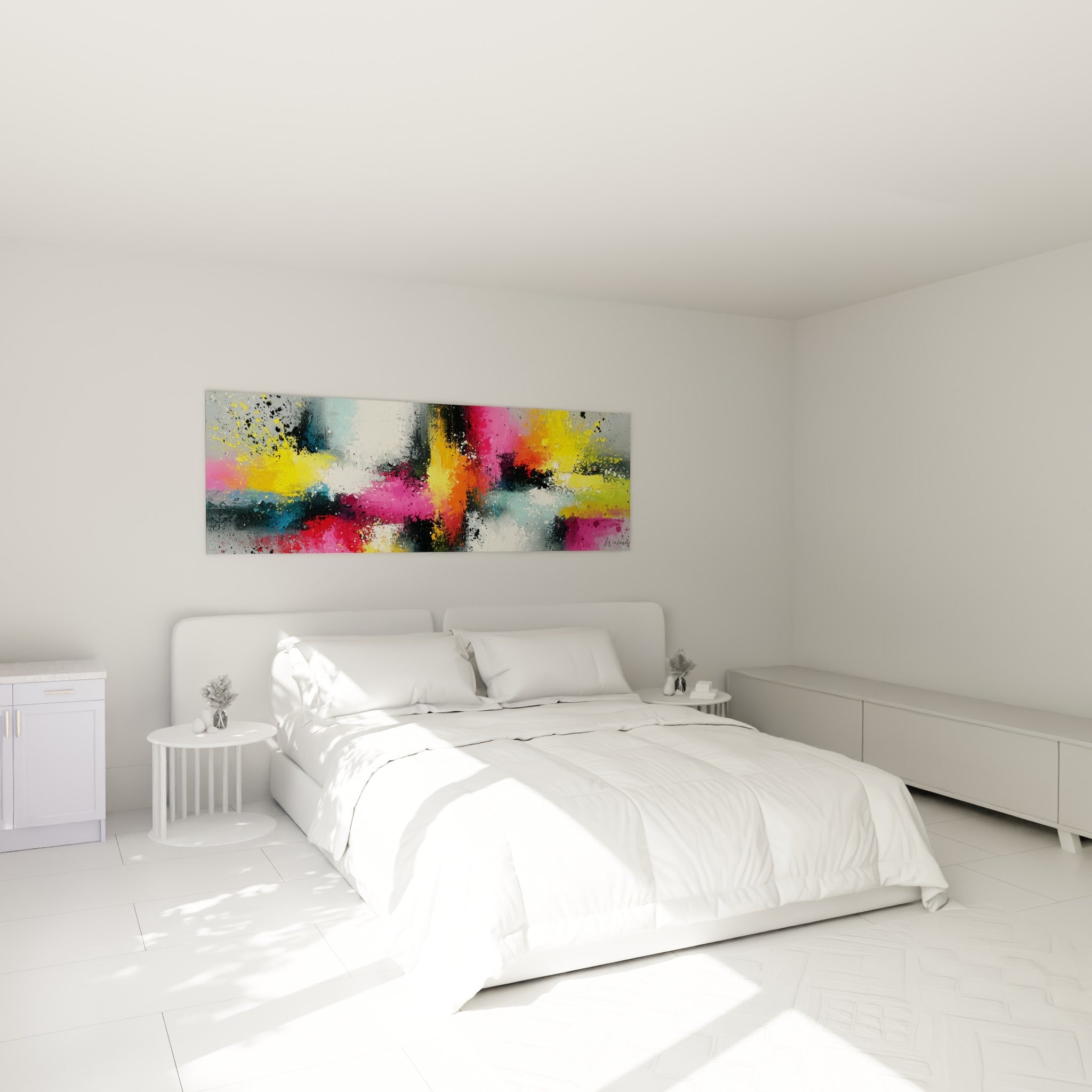 Éclaboussures roses turquoise et jaunes de ce tableau abstrait au-dessus d'un lit dans une chambre claire