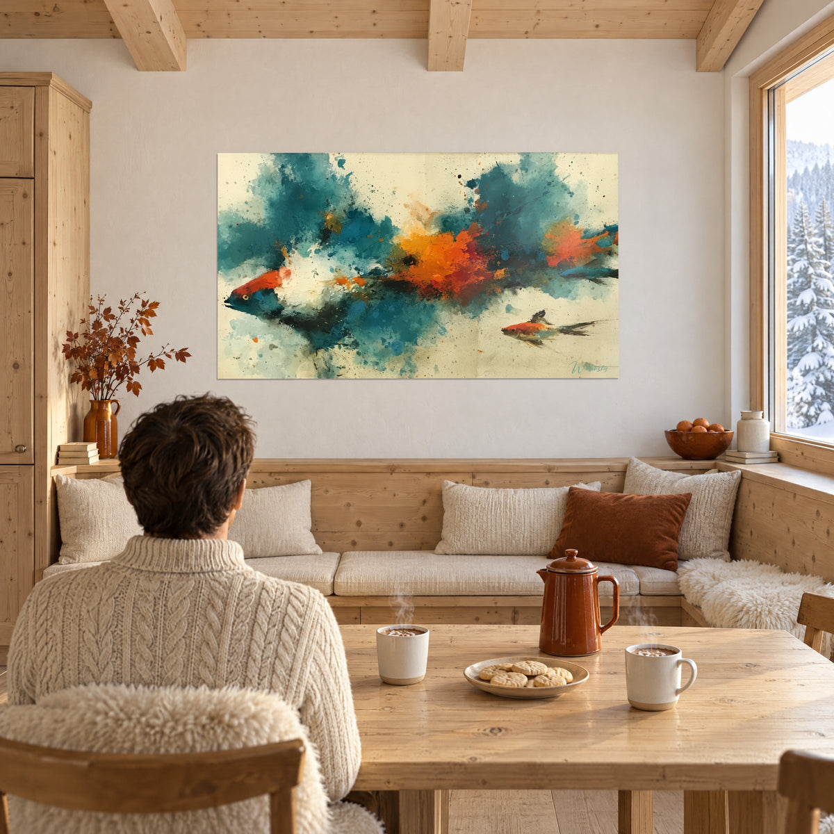 Schilderij abstracte aquarel van een vis met oranje en blauwgroene streken, een man van achteren naast een houten tafel, berghut