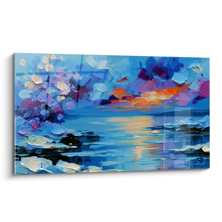 Tableau Lac bleu et orangé sous ciel empâté - Lueur du crépuscule - Edition style Peinture abstrait