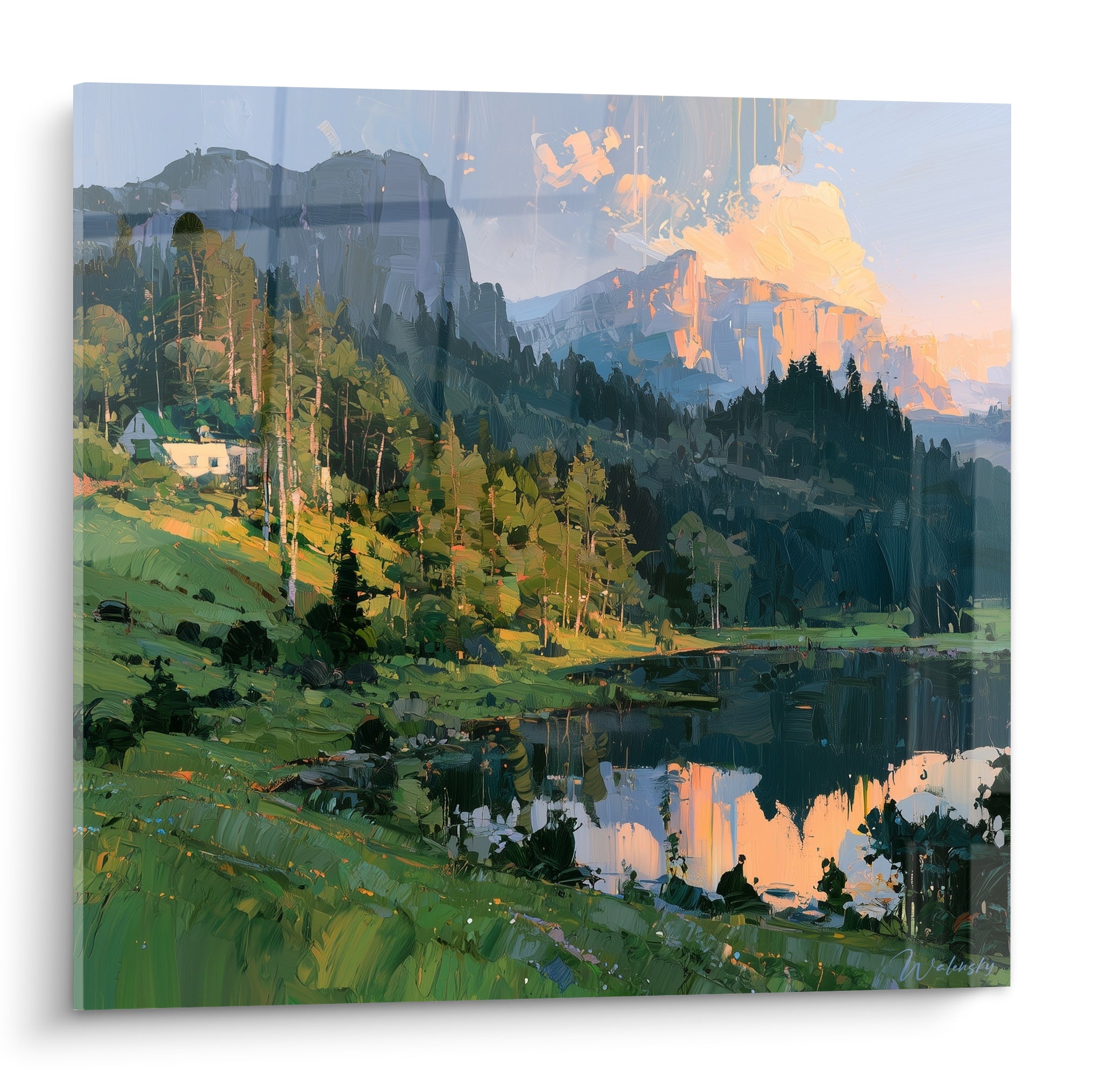Chalet blanc et lac vert bordé de sapins sous des crêtes dorées, style Peinture abstrait