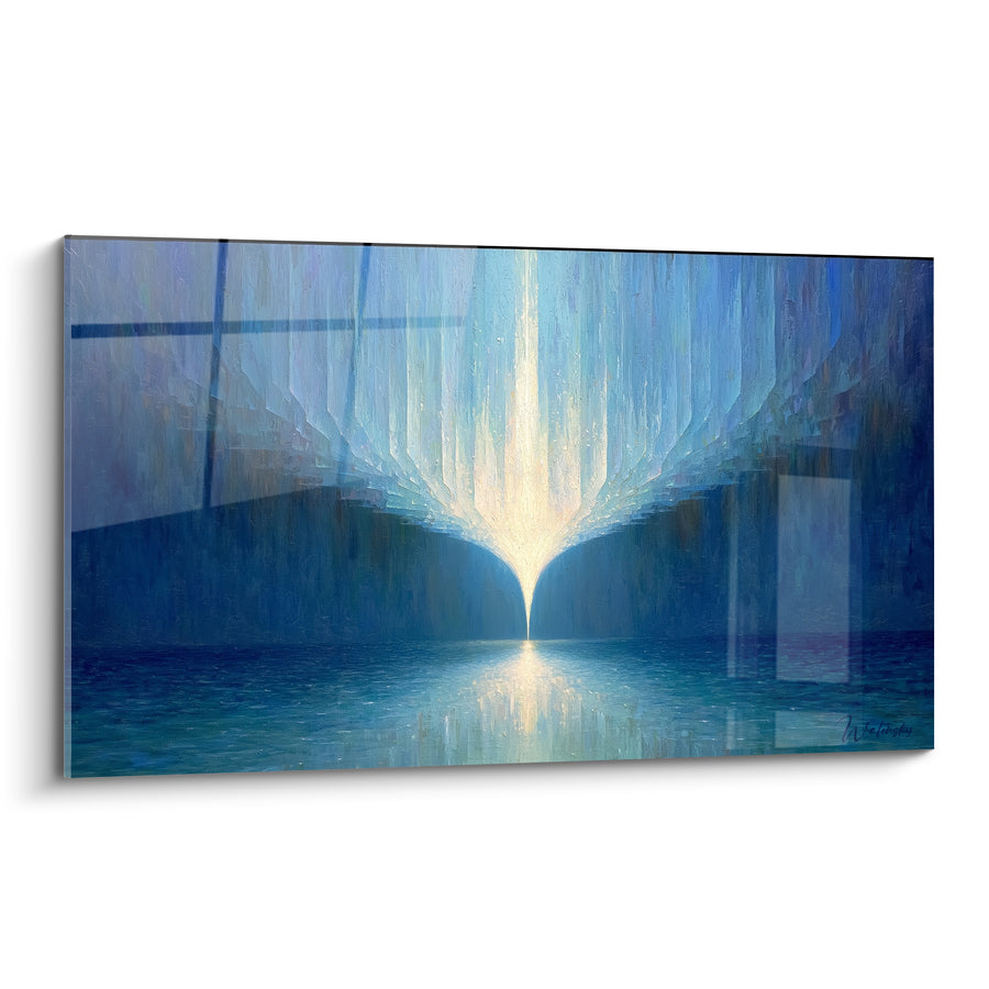 Tableau Entonnoir bleu et blanc au dessus d'un lac - Faisceau lumineux vertical - Edition style Peinture abstrait