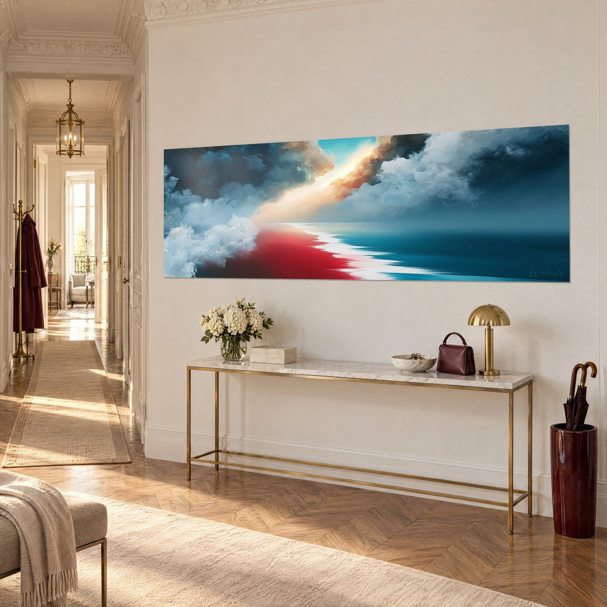 Tableau ciel d'orage fendu par un rayon doré, nuages blancs et sombres sur plage écarlate, en vue de trois-quarts dans un couloir haussmannien
