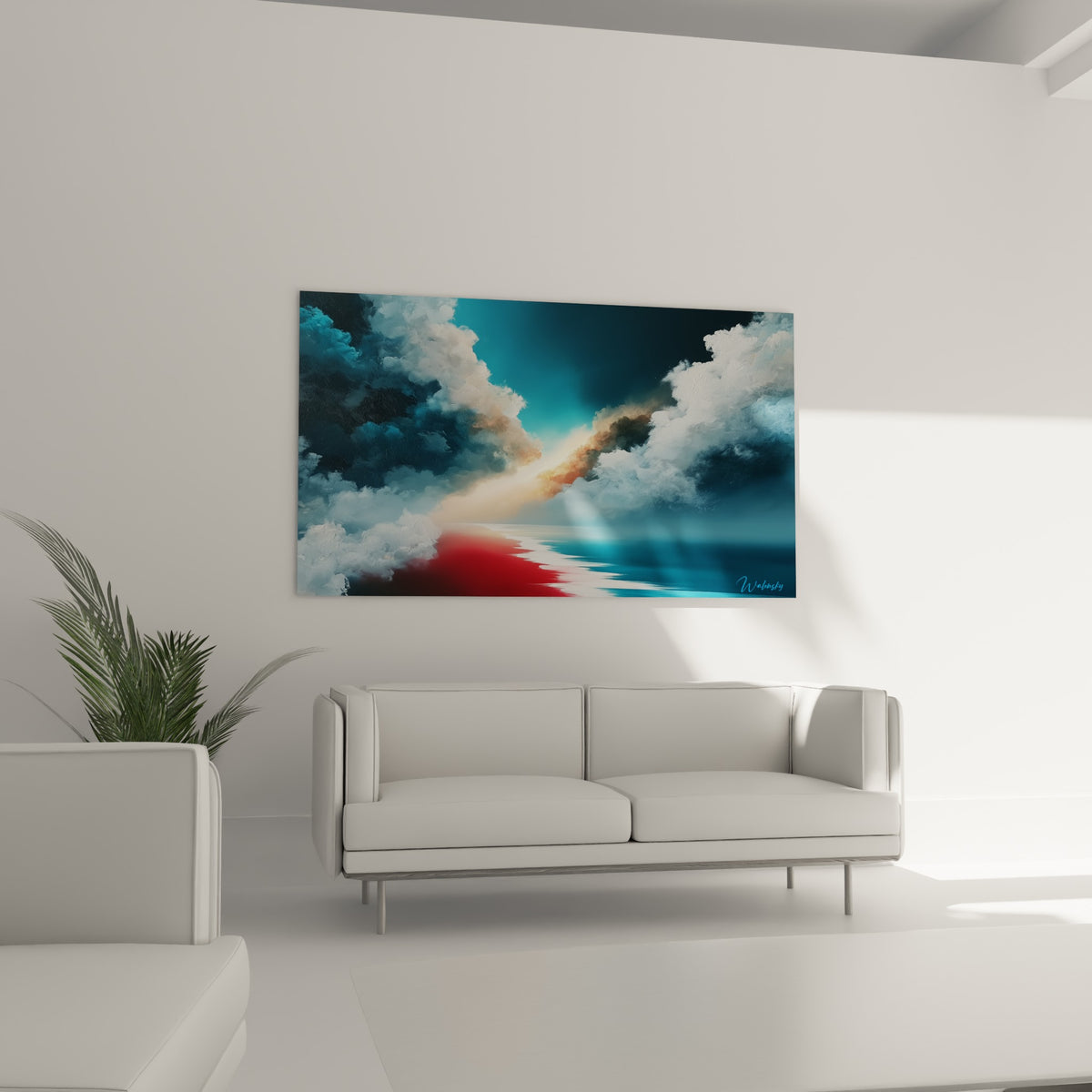 Percée lumineuse dorée entre nuages anthracite accrochée au-dessus d'un canapé dans un salon lumineux