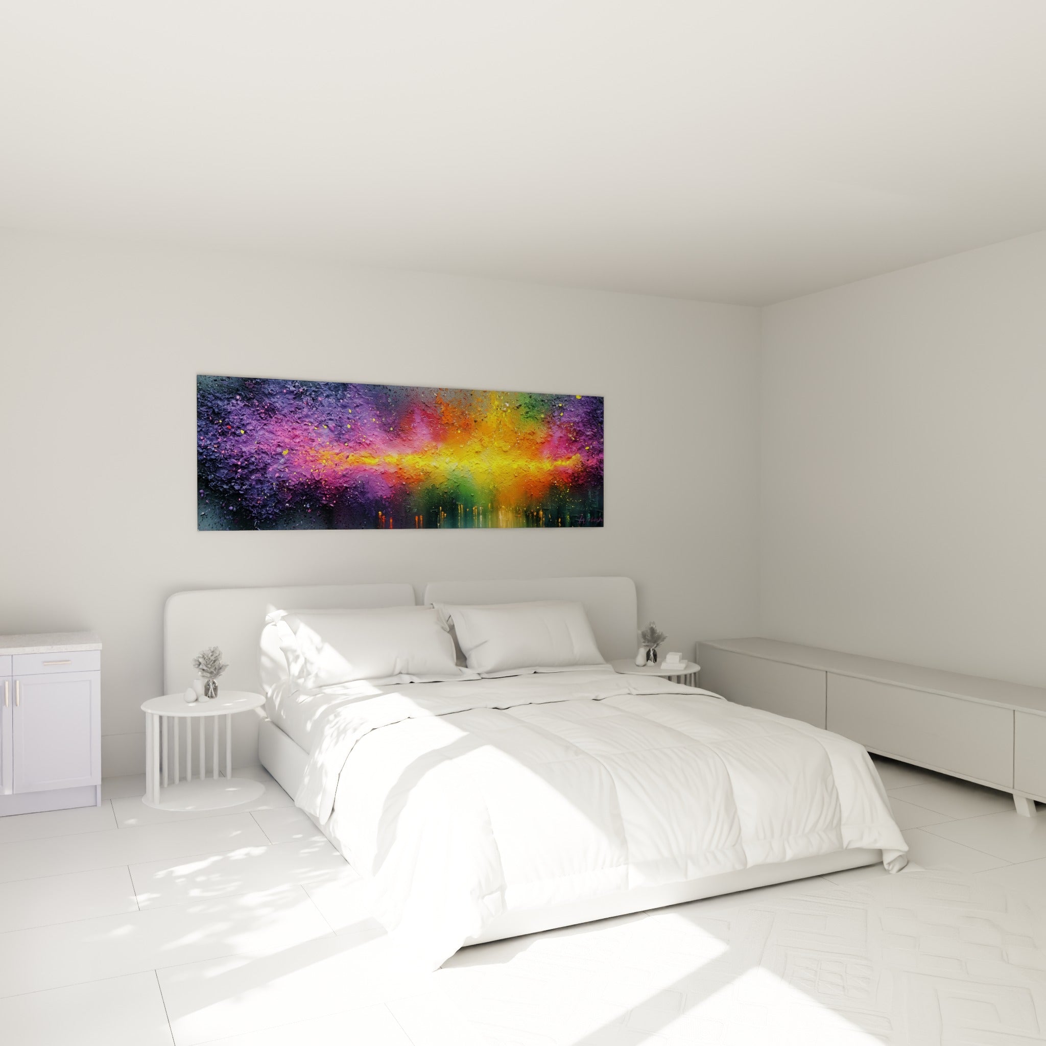 Lumière dorée et rose fusant sur fond violet, tableau style Peinture abstrait au-dessus d'un lit dans une chambre claire
