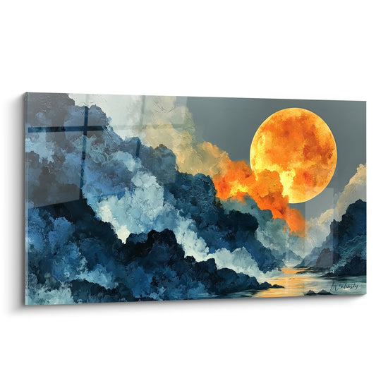 Lune orange incandescent surplombant des montagnes bleu nuit texturées en style Peinture abstrait