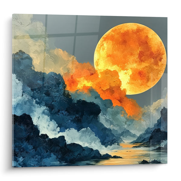 Tableau Lune orange et vagues bleu marine - Éveil céleste - Edition style Peinture abstrait
