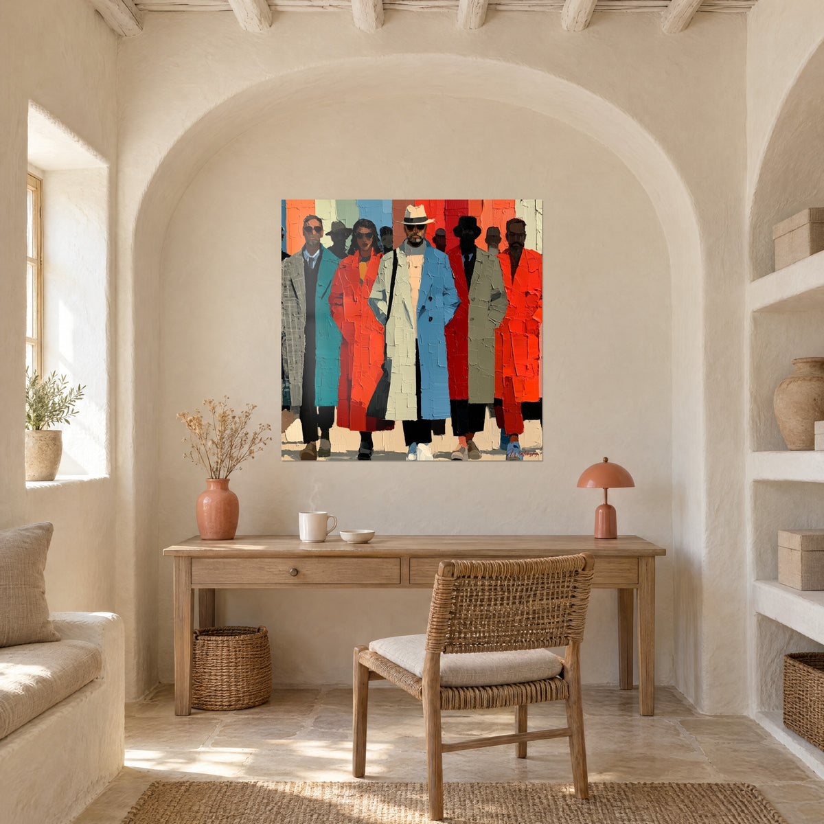Tableau bande d'élégants en manteaux turquoise et rouge, fond de bandes colorées, au-dessus d'une console dans un bureau voûté