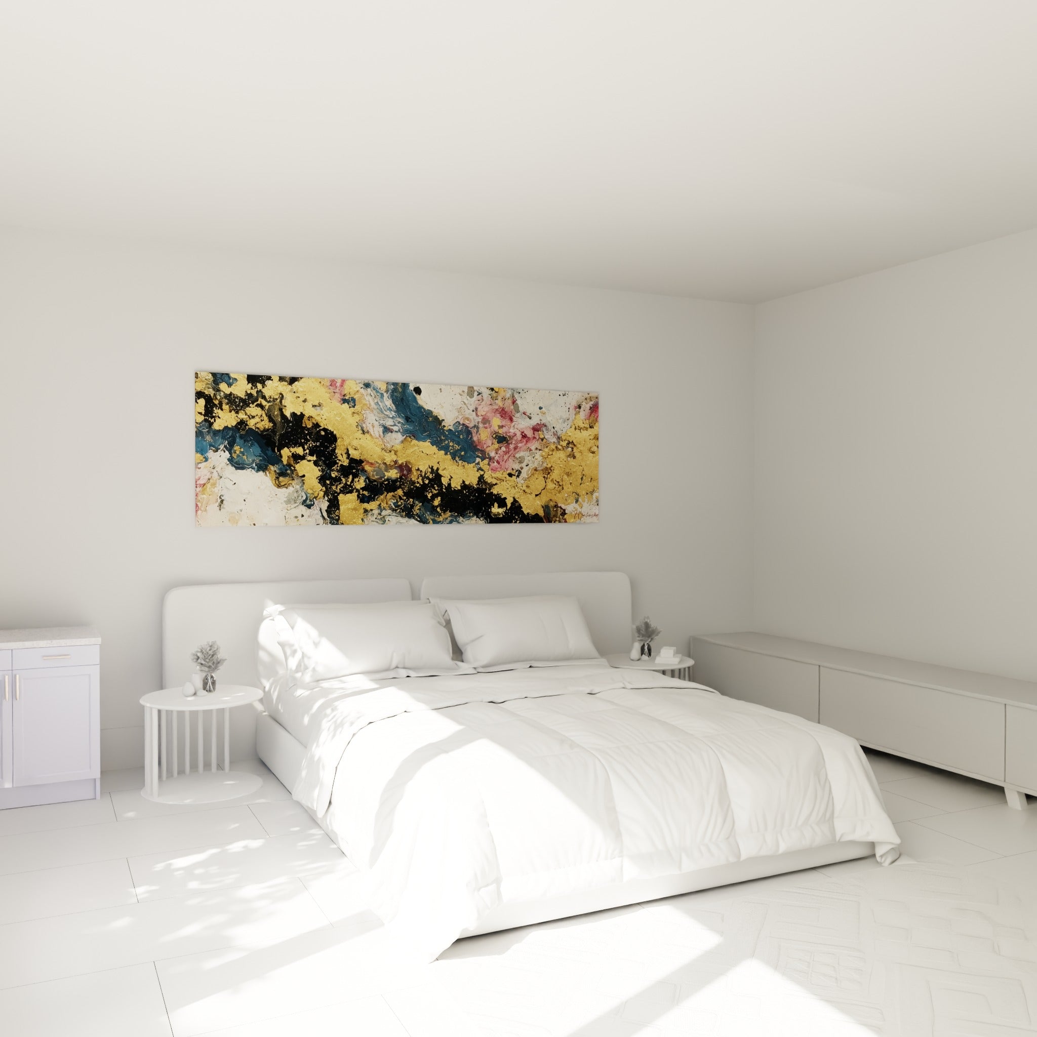 Marbrures or et anthracite du style Peinture abstrait accrochées au-dessus d'un lit dans une chambre claire