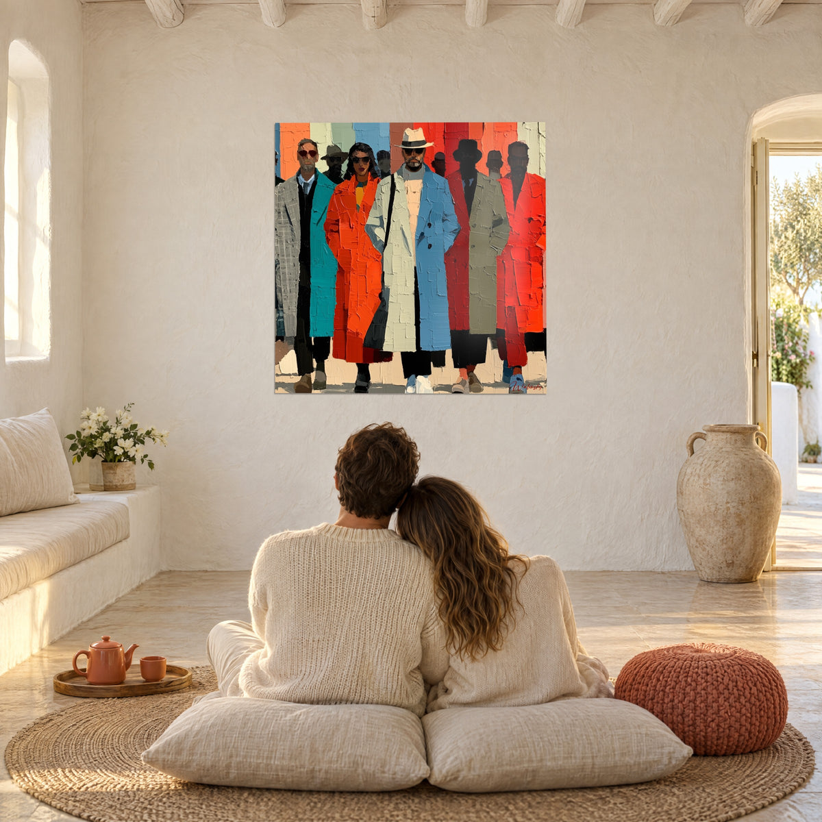Tableau défilé de citadins en trench orange, bleu et vert olive, aplats texturés, face à un couple assis sur des coussins blancs