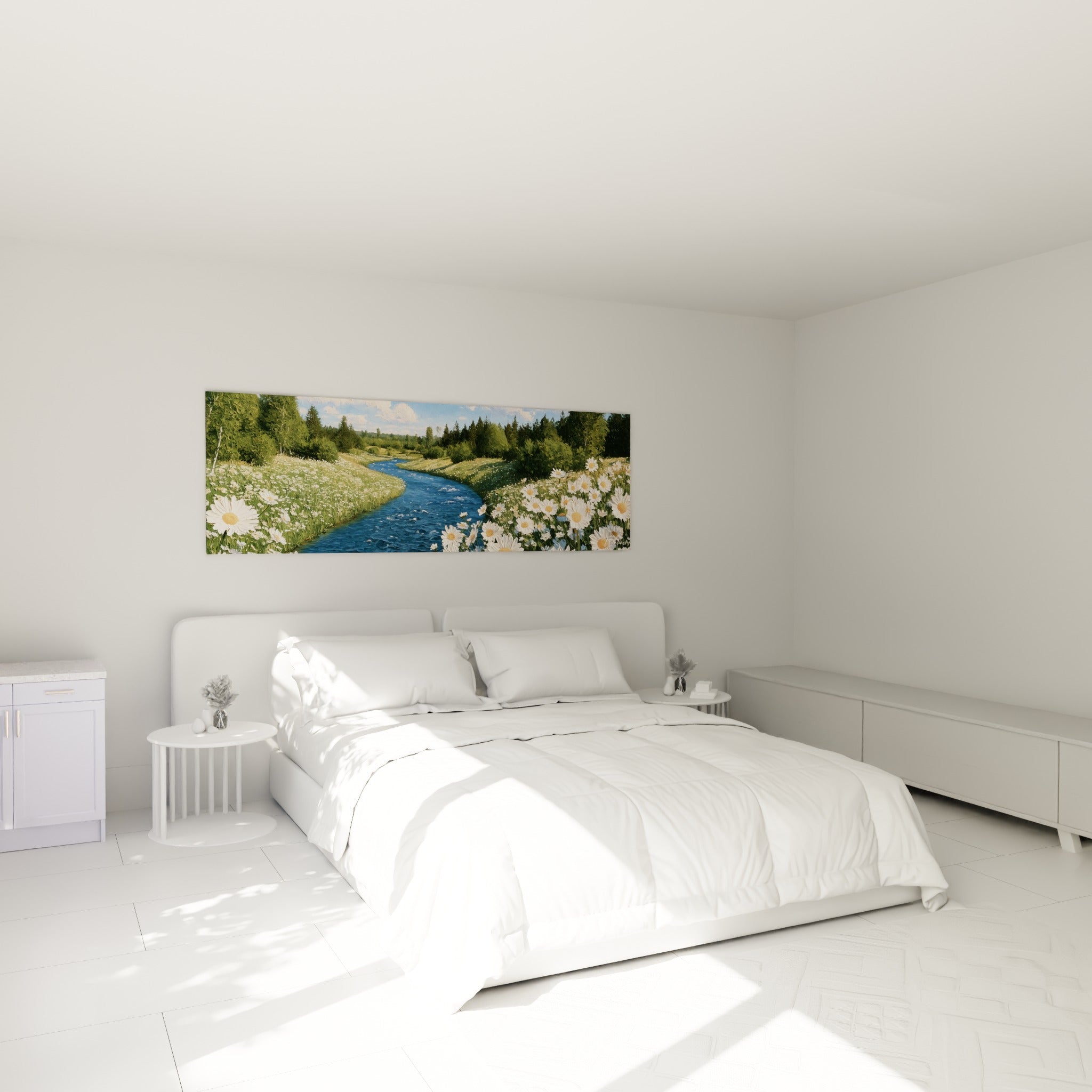 Marguerites blanches et rivière bleue peintes à l'huile, accrochées au-dessus d'un lit dans une chambre claire