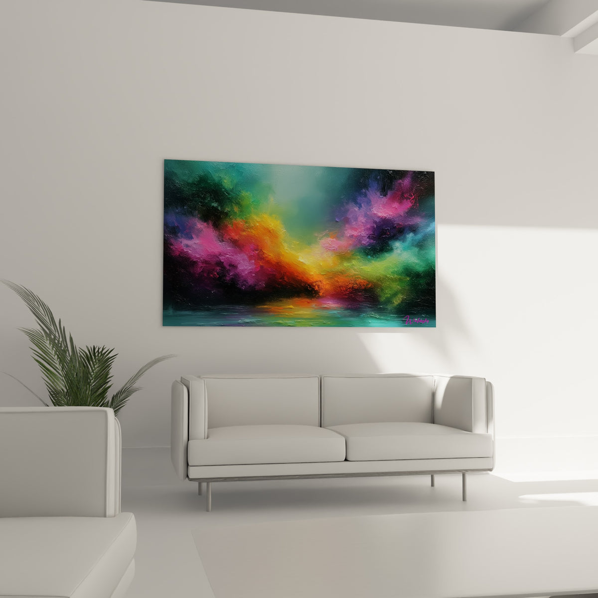 Masse chromatique violette et dorée en style Peinture abstrait, au-dessus d'un canapé dans un salon lumineux