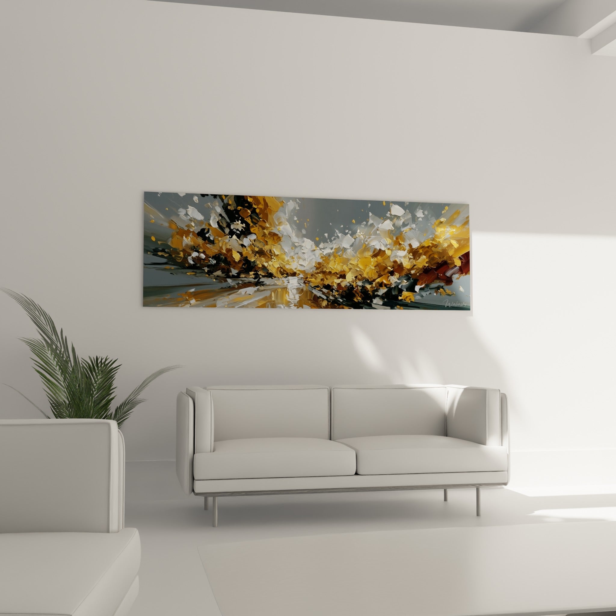 Matière dorée en mouvement contre un fond gris foncé, style Peinture abstrait, au-dessus d'un canapé dans un salon lumineux