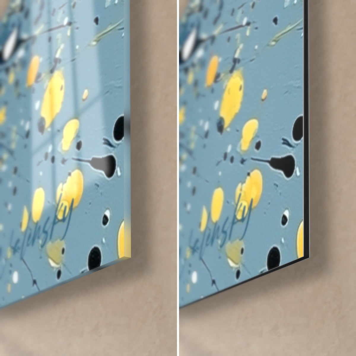 Wall art blooming yellow and pink, bottom right corner: vivid yellow drops on sky blue, shiny glass on the left, matte black Dibond on the right