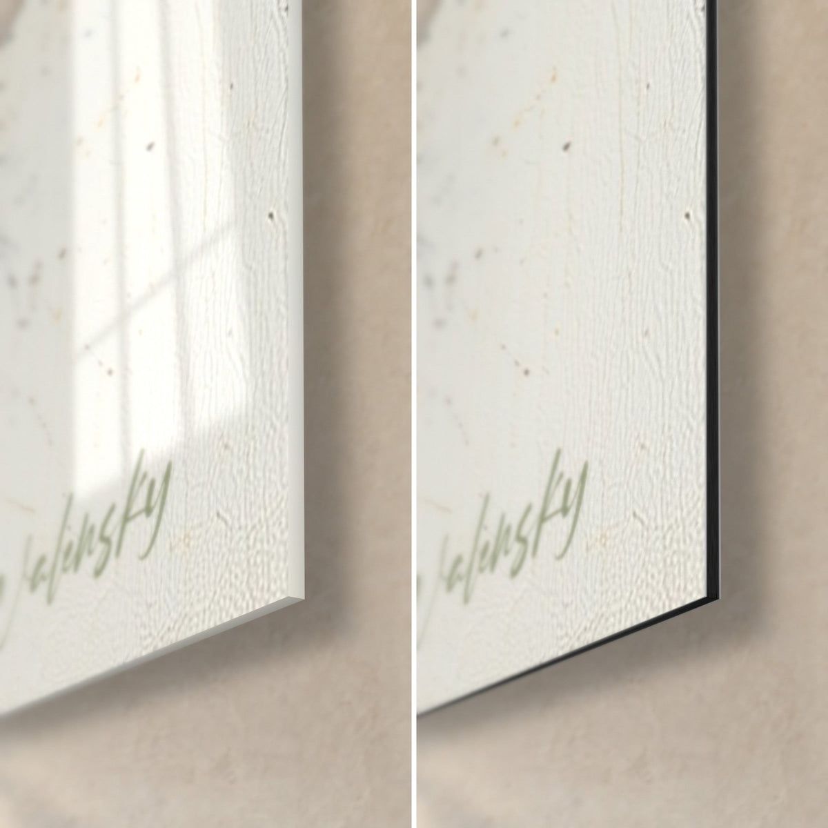 Wall art abstract orange and white paint burst, green signature, bottom right corner in glossy glass and matte black Dibond, 3 mm edge