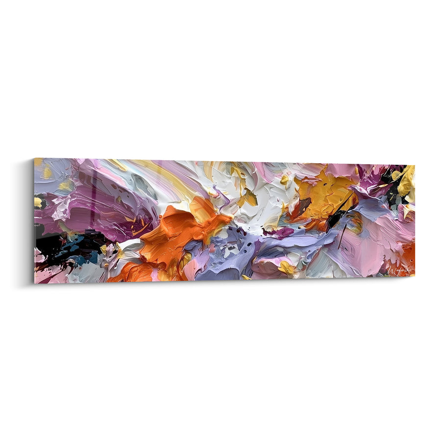 Tableau Empâtements mauves et orangés en mouvement - Éclosion florale - Edition style Peinture abstrait
