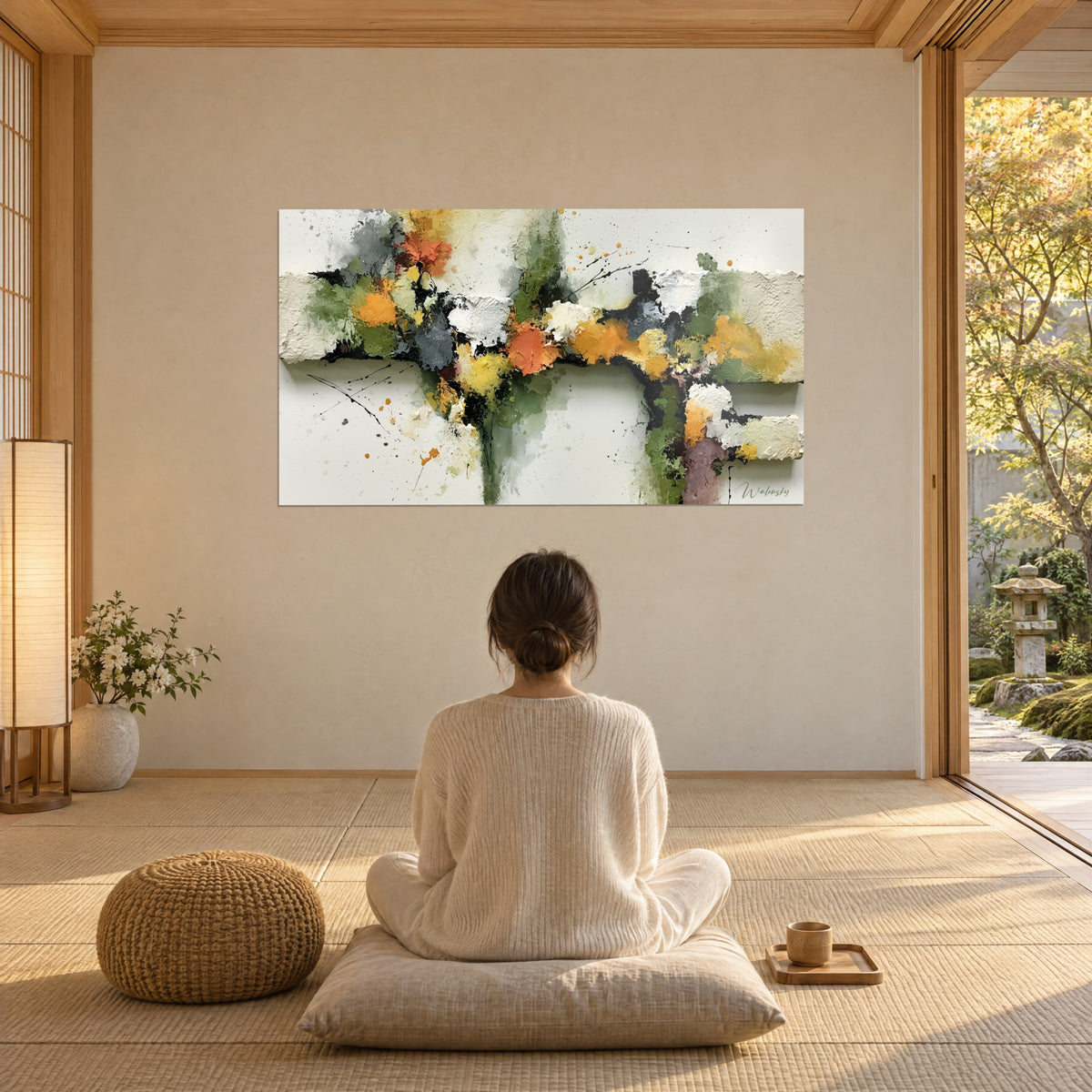 Tableau fresque abstraite aux touches jaune citron, mauve et vert mousse, femme de dos assise sur un coussin face à la baie vitrée