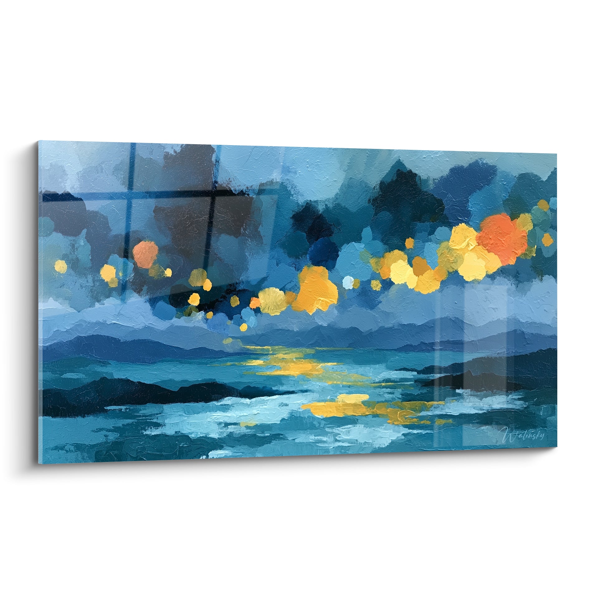 Paysage marin en peinture abstraite, bleu marine profond et touches dorées éclatantes