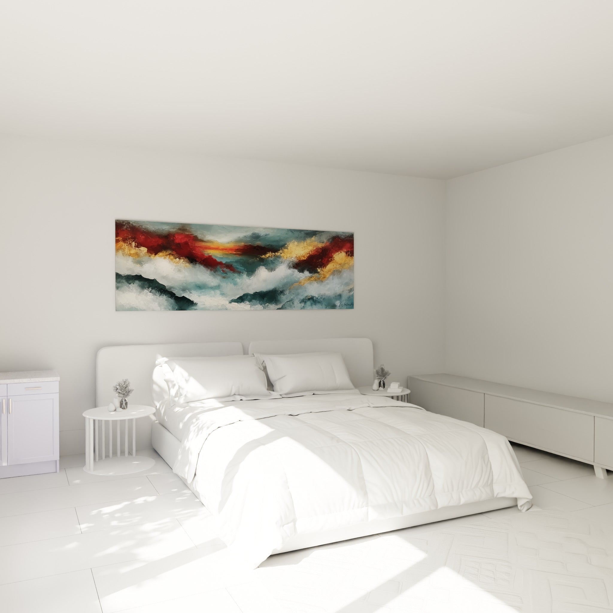 Mer déchaînée aux tons bleu pétrole et rouge crépuscule, style Peinture abstrait, au-dessus d'un lit dans une chambre claire