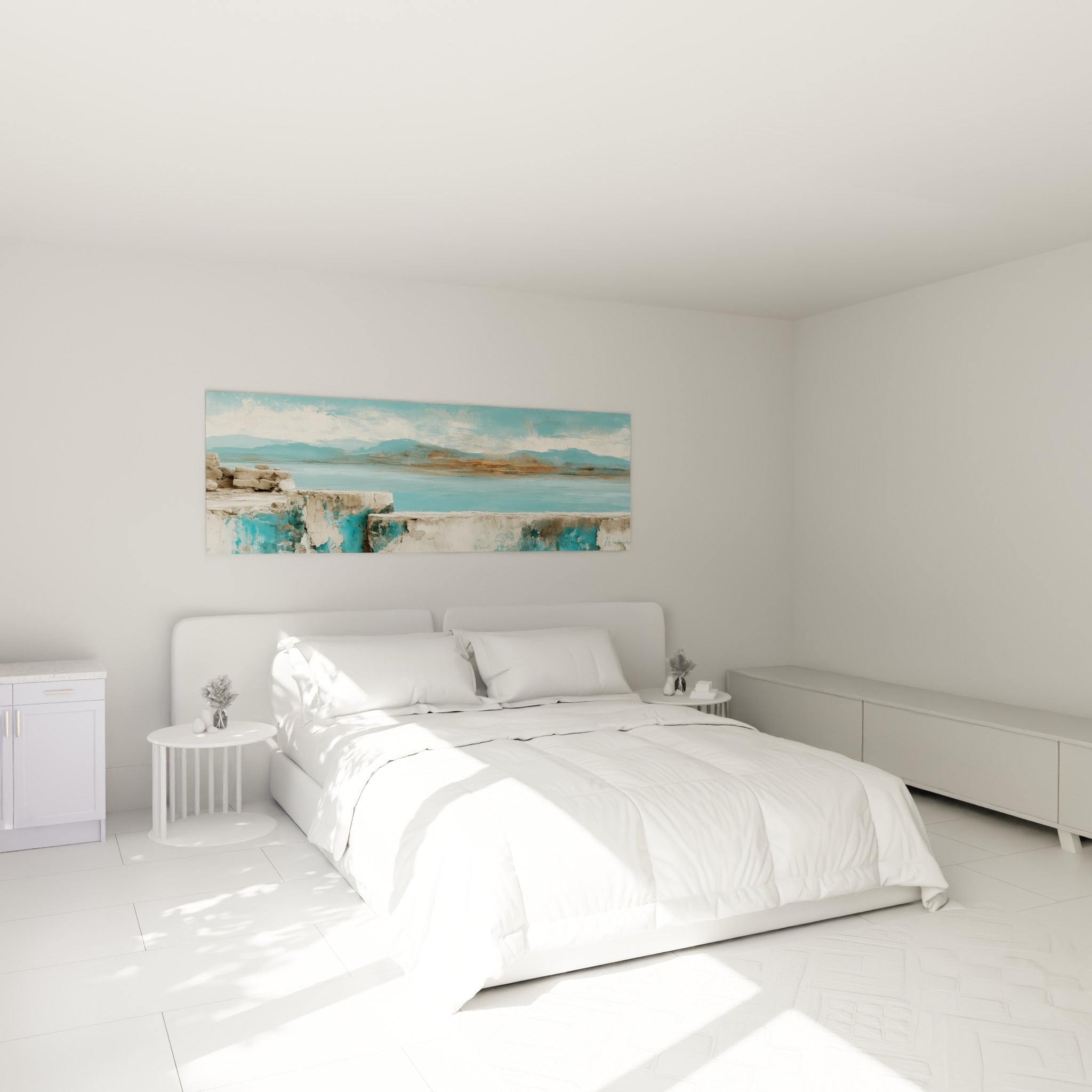 Paysage turquoise et pierre grise du tableau style Peinture abstrait au-dessus d'un lit dans une chambre claire.