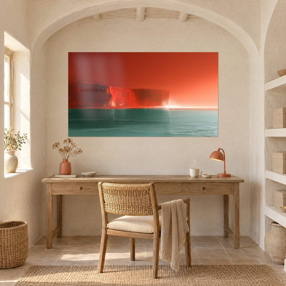 Tableau falaise abstraite rouge corail, reflet verdâtre sur l'eau calme, éclat blanc à l'horizon, au-dessus d'un bureau en bois