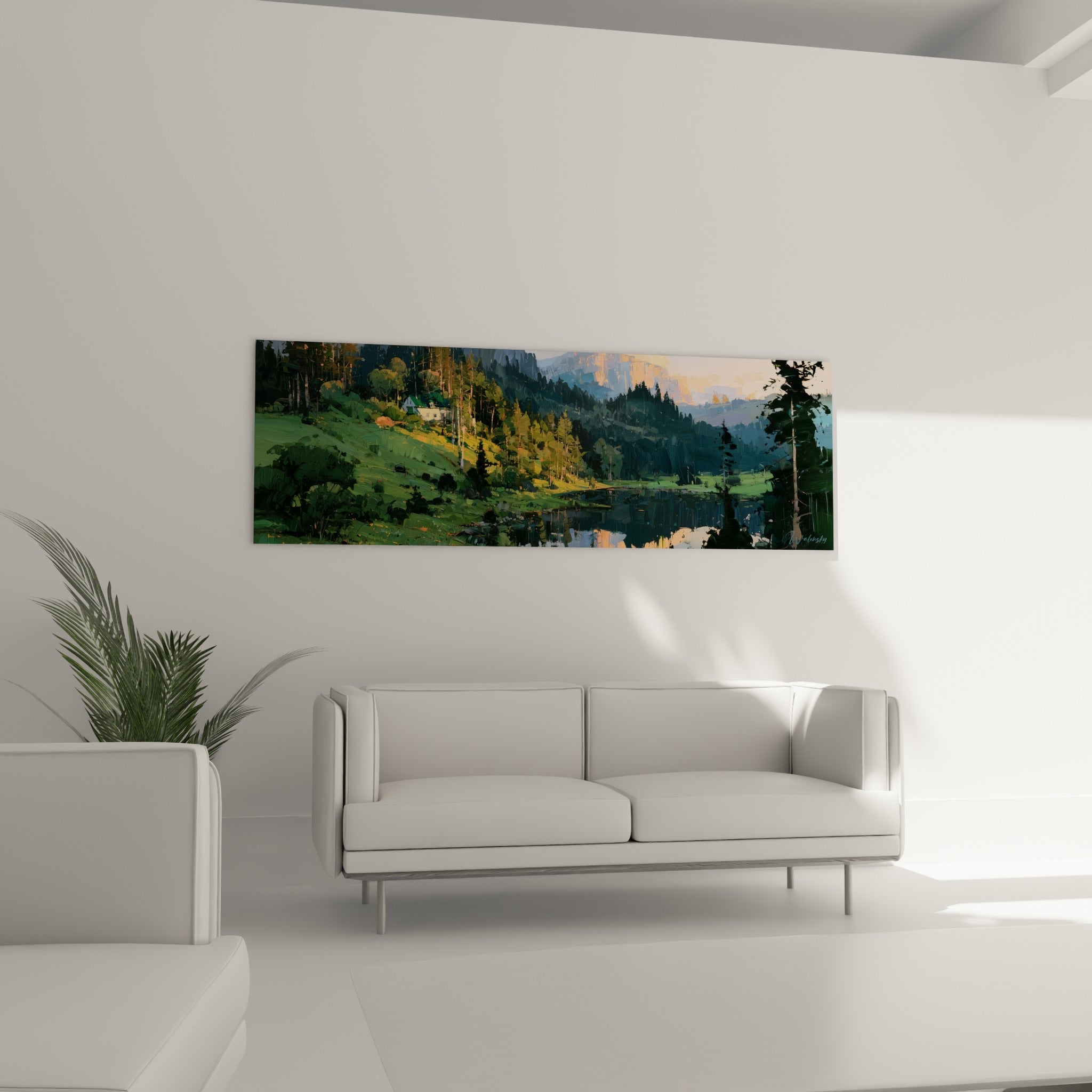 Montagnes ocre et forêt de pins verts accrochées au-dessus d'un canapé dans un salon lumineux