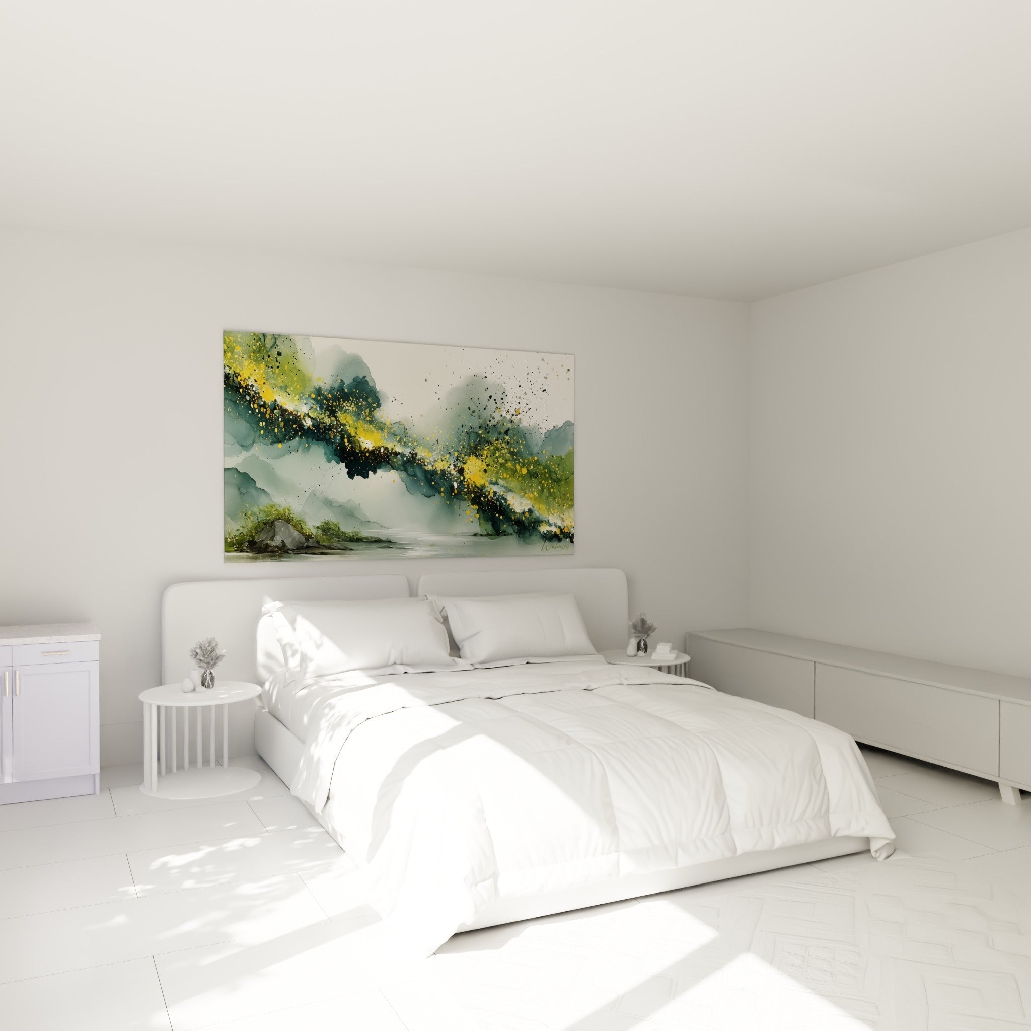 Paysage doré et vert traversant la brume, style peinture abstrait, au-dessus d'un lit dans une chambre claire