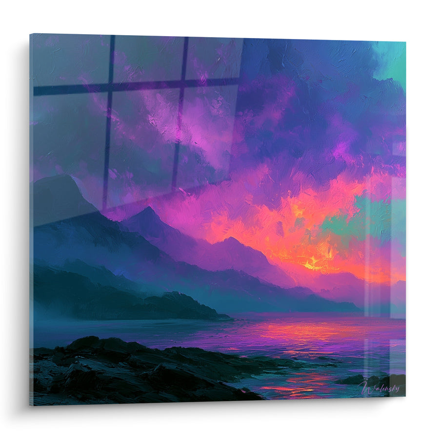 Tableau Montagnes violettes et orangées au couchant - Embrasement du soir - Edition style Peinture abstrait