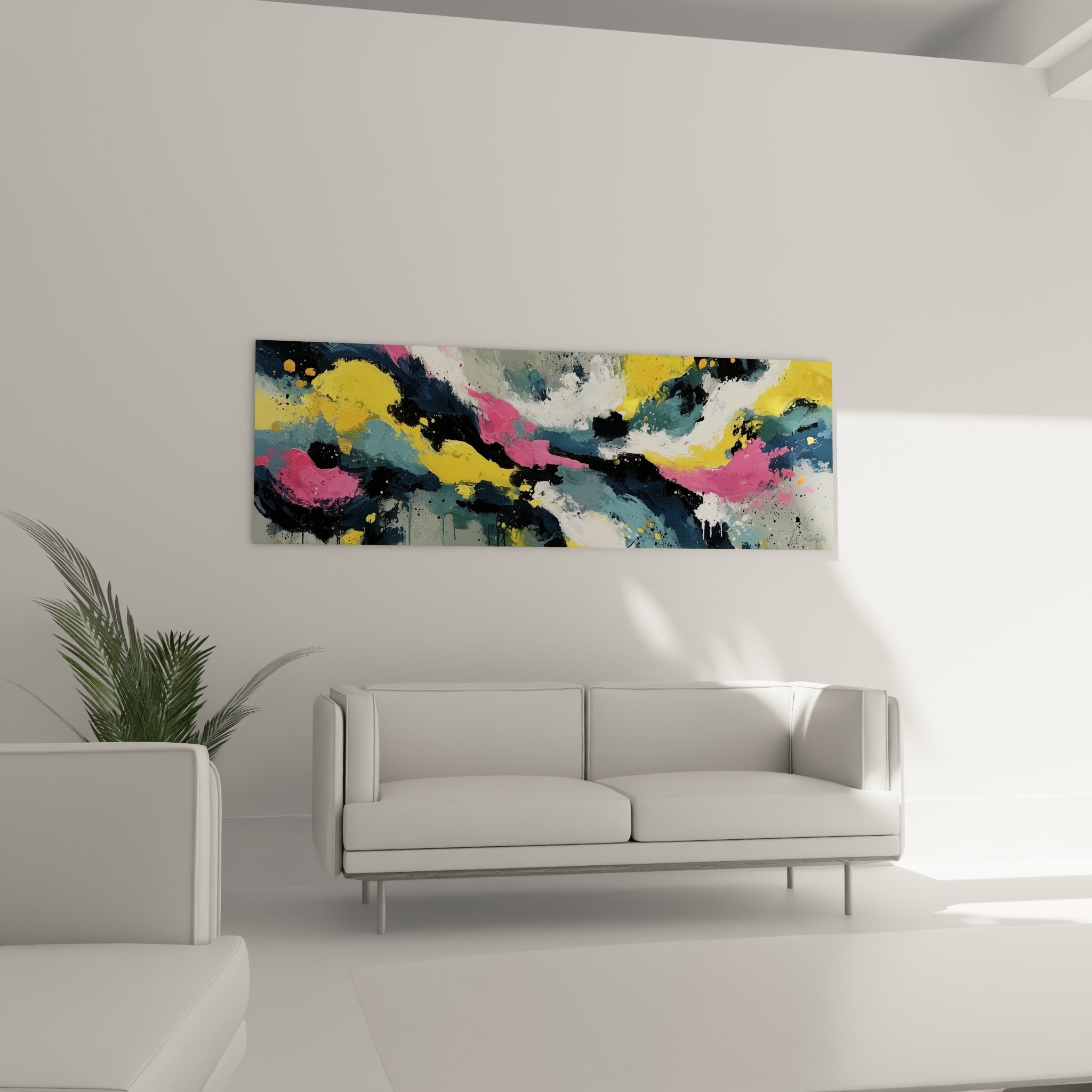 Formes libres jaune vif et rose de ce style Peinture abstrait, au-dessus d'un canapé dans un salon lumineux
