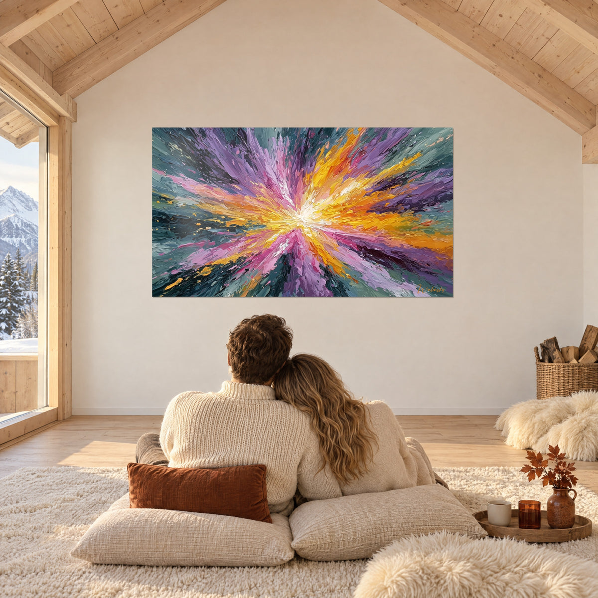 Tableau étoile éclatante de touches jaune d'or et mauves, mur blanc sous charpente en bois, coussins blancs et plaids au sol