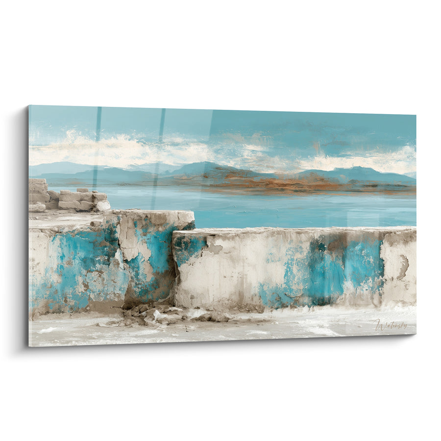 Tableau Muret côtier écaillé bleu turquoise et blanc - Vestige du littoral - Edition style Peinture abstrait