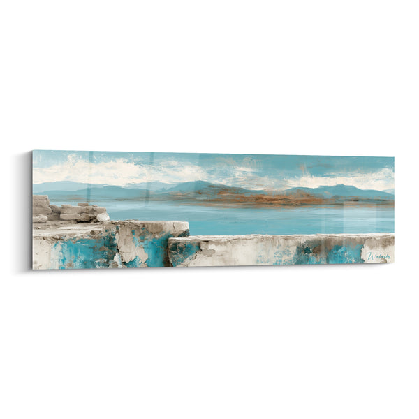 Tableau Muret côtier turquoise et sable ocre - Rivage oublié - Edition style Peinture abstrait