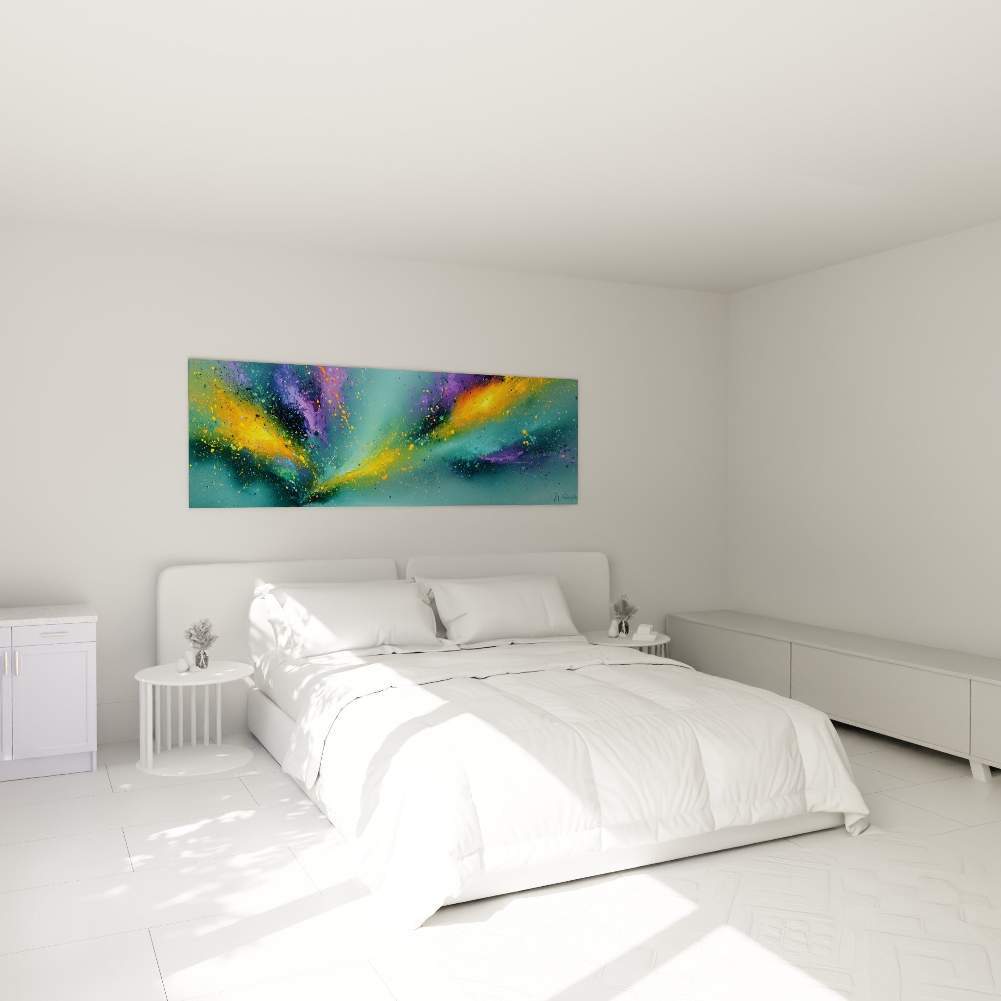 Nébuleuse turquoise et dorée, style Peinture abstrait au-dessus d'un lit dans une chambre claire
