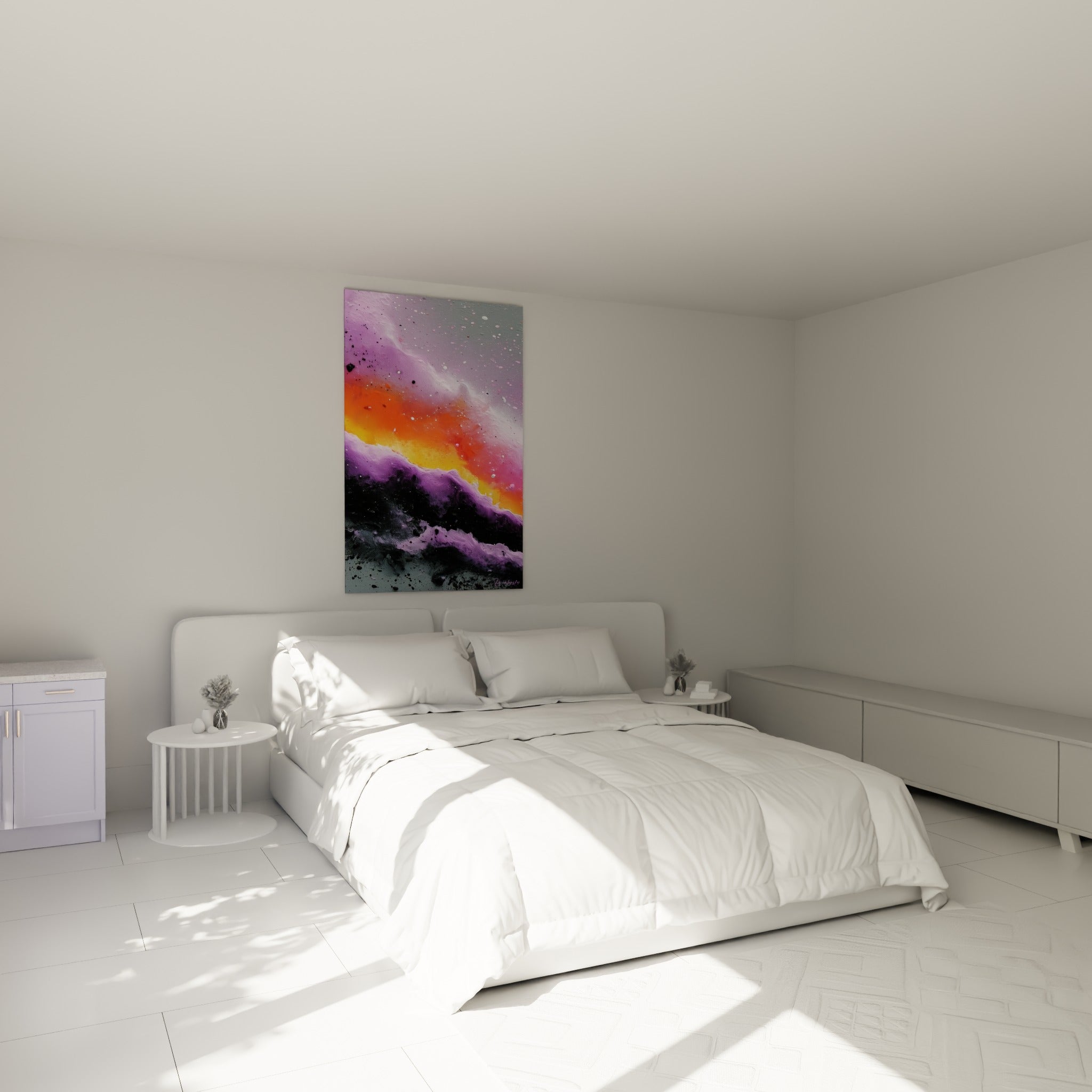 Nébuleuse orange et noire style Peinture abstrait accrochée au-dessus d'un lit dans une chambre claire