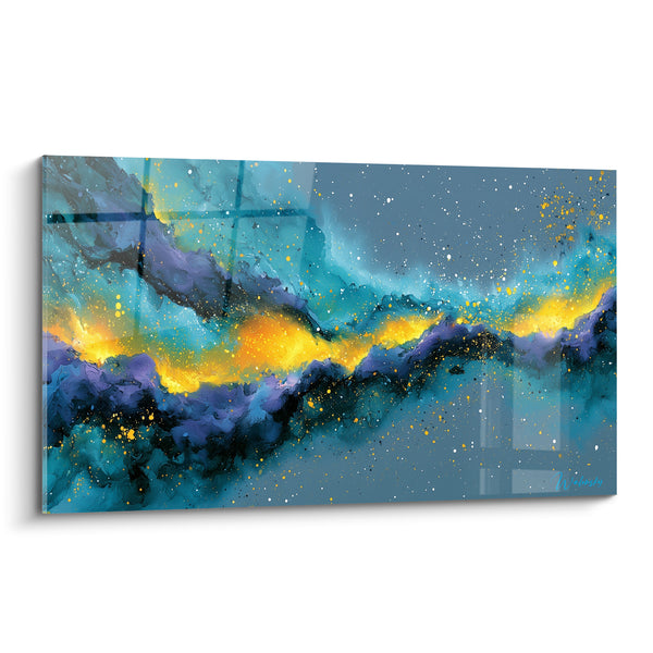 Tableau Nébuleuse turquoise et dorée aux étoiles éparses - Poussière stellaire - Edition style Peinture abstrait