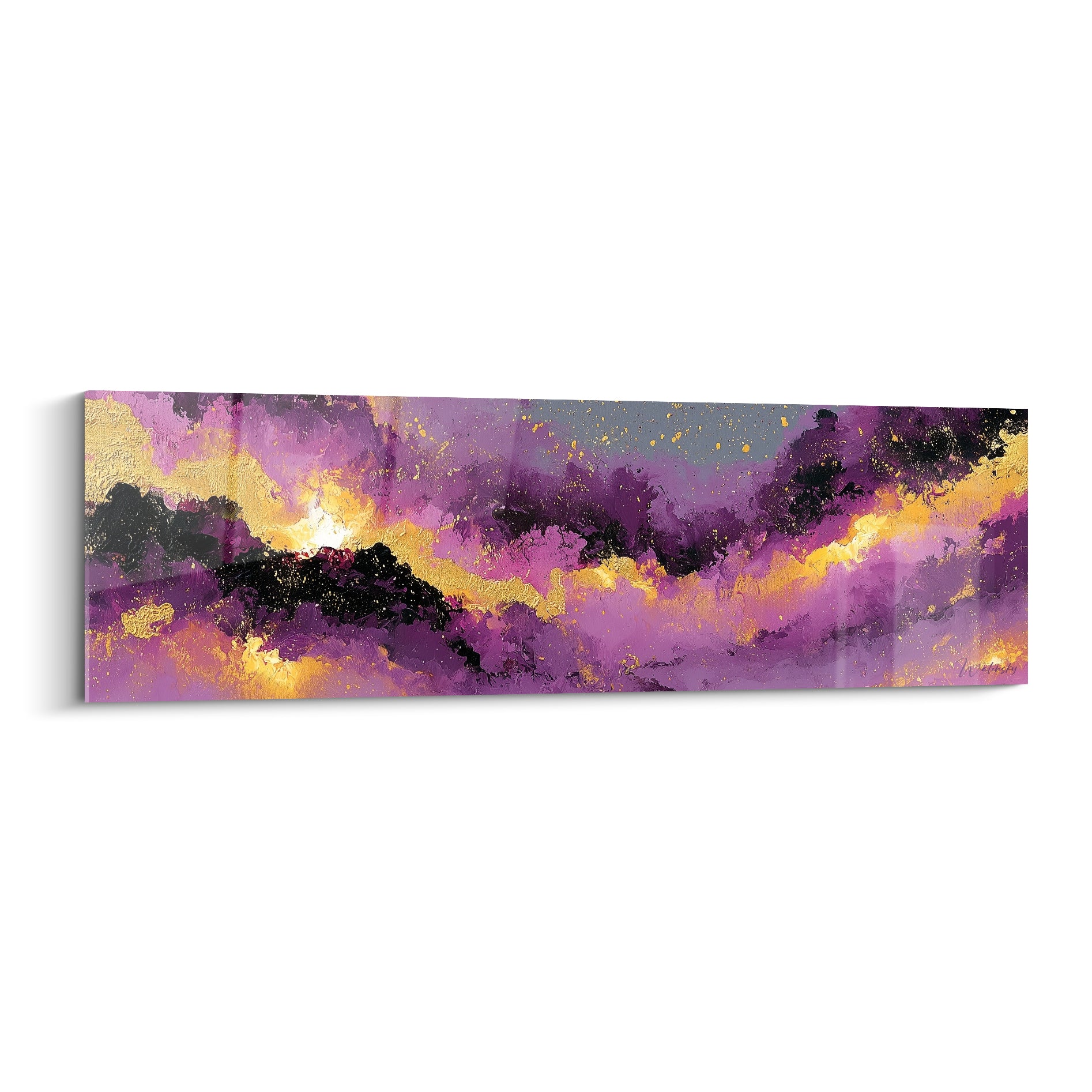 Nébuleuse violette et dorée aux empâtements texturés, style peinture abstrait sur toile panoramique