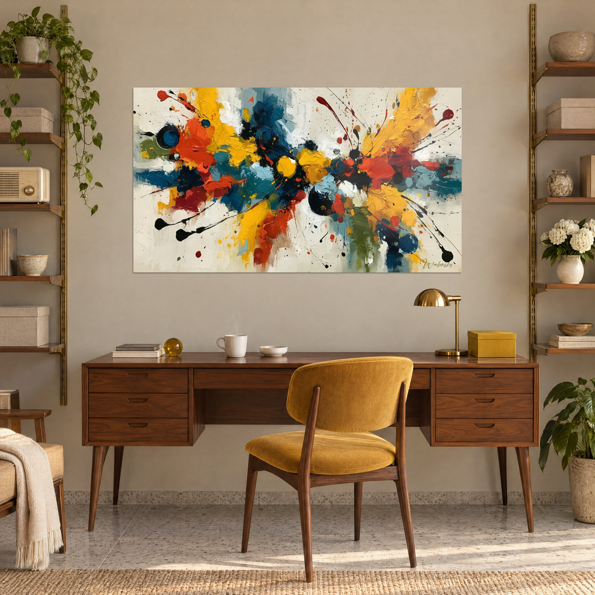Tableau peinture abstraite à la spatule, touches jaune d'or, rouge brique et noir, accrochée au-dessus d'un bureau en teck