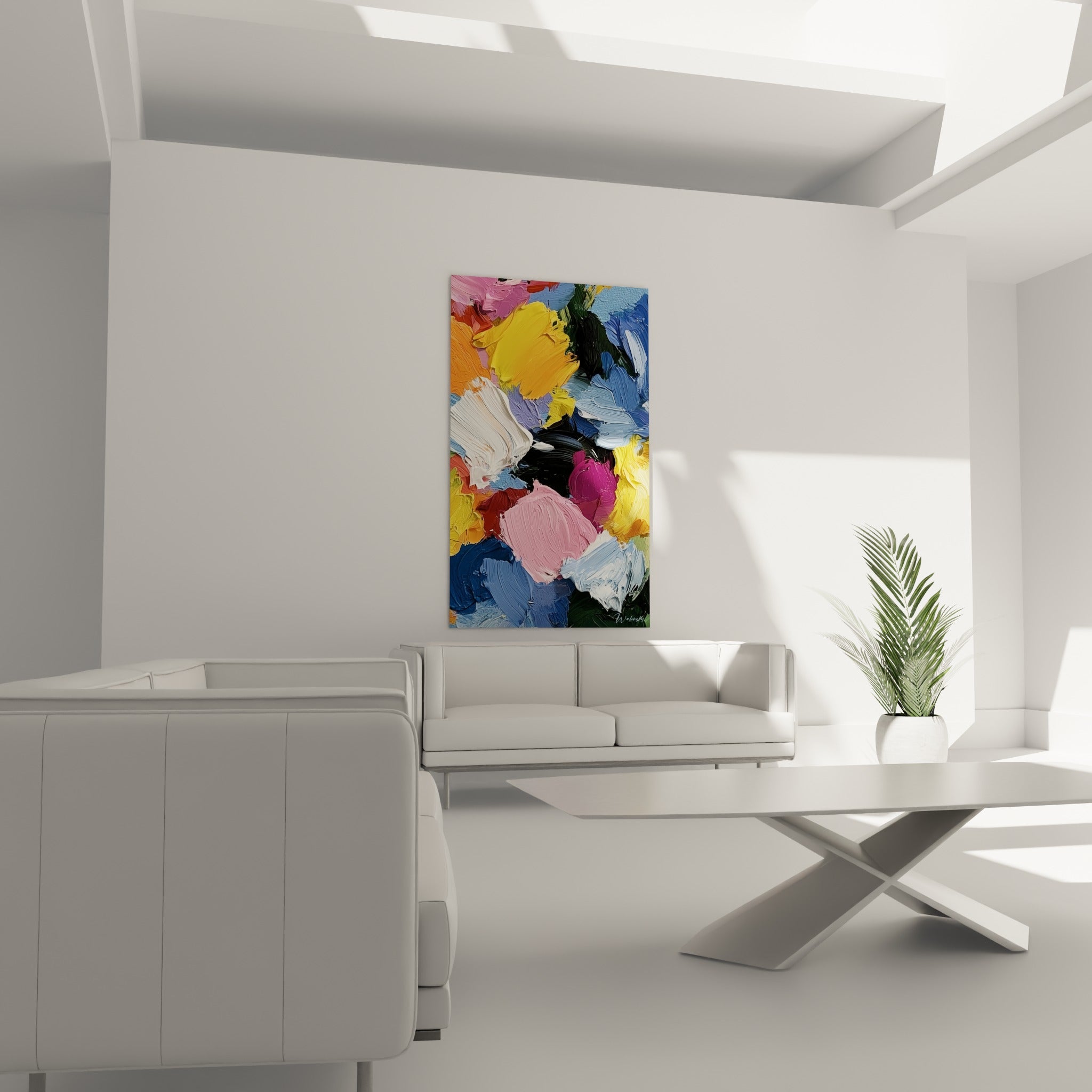 Composition rose, noire et dorée du tableau style Peinture abstrait au-dessus d'un canapé dans un salon lumineux