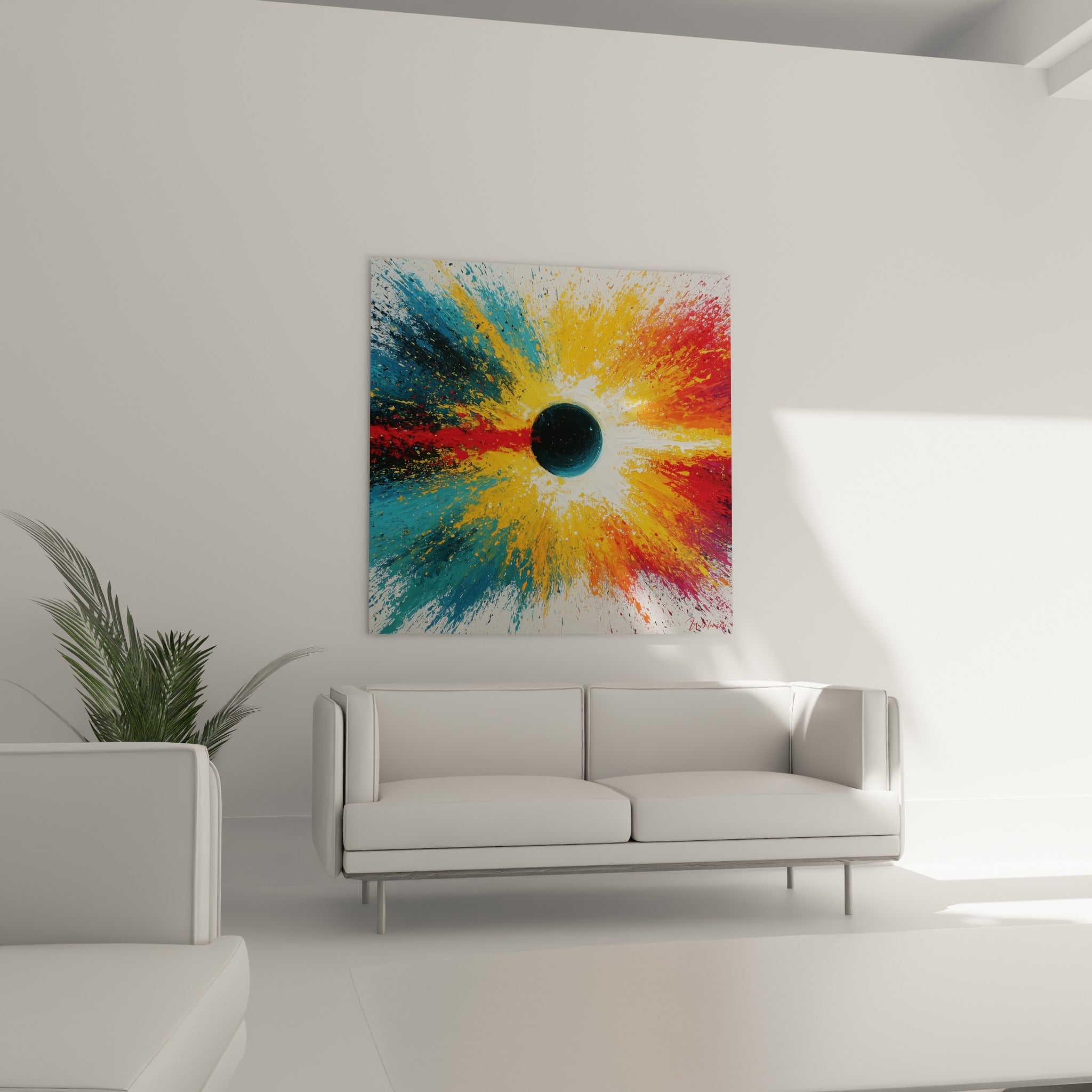 Noyau noir irradiant jaune safran et bleu pétrole au-dessus d'un canapé dans un salon lumineux